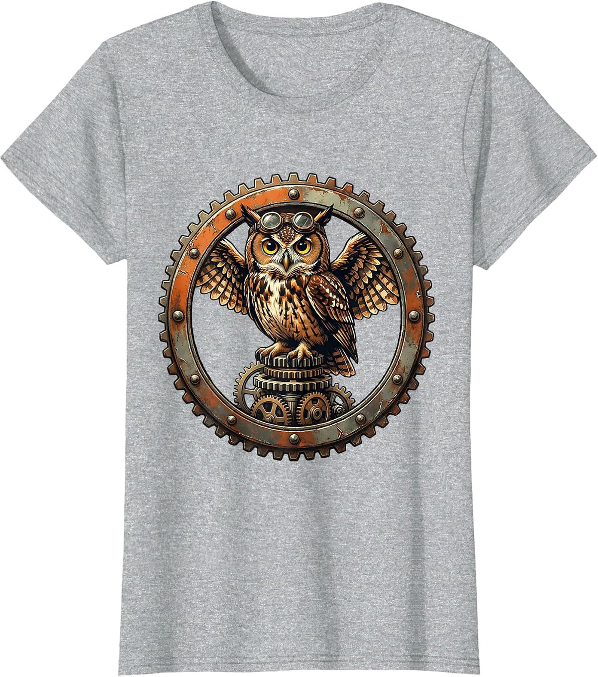 Steampunk Owl on Gear Stack Graphic Design T-Shirt - Heather Grey
