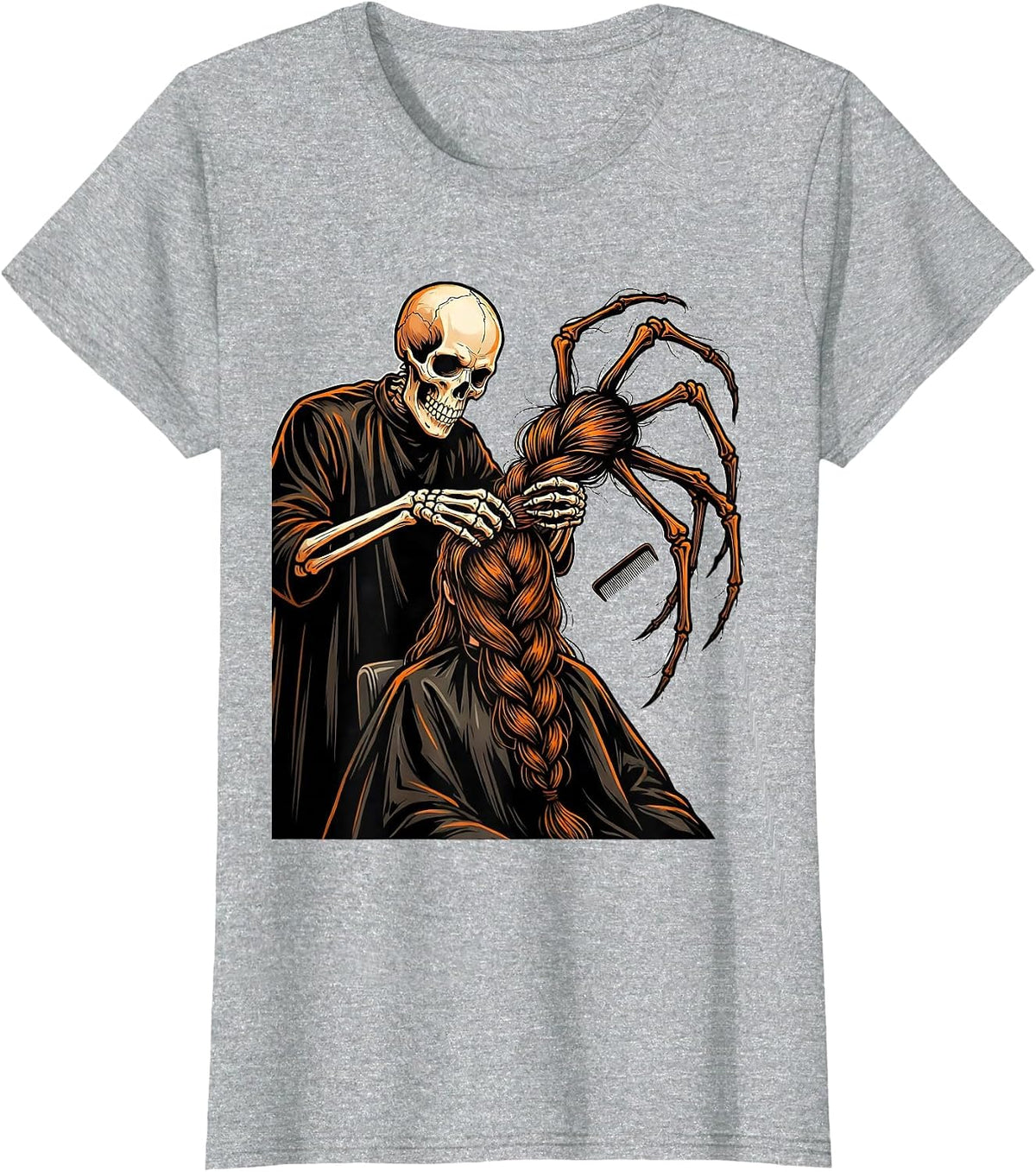 Skeleton Hairstylist Braiding Halloween Barber Humor T-Shirt - Heather Grey