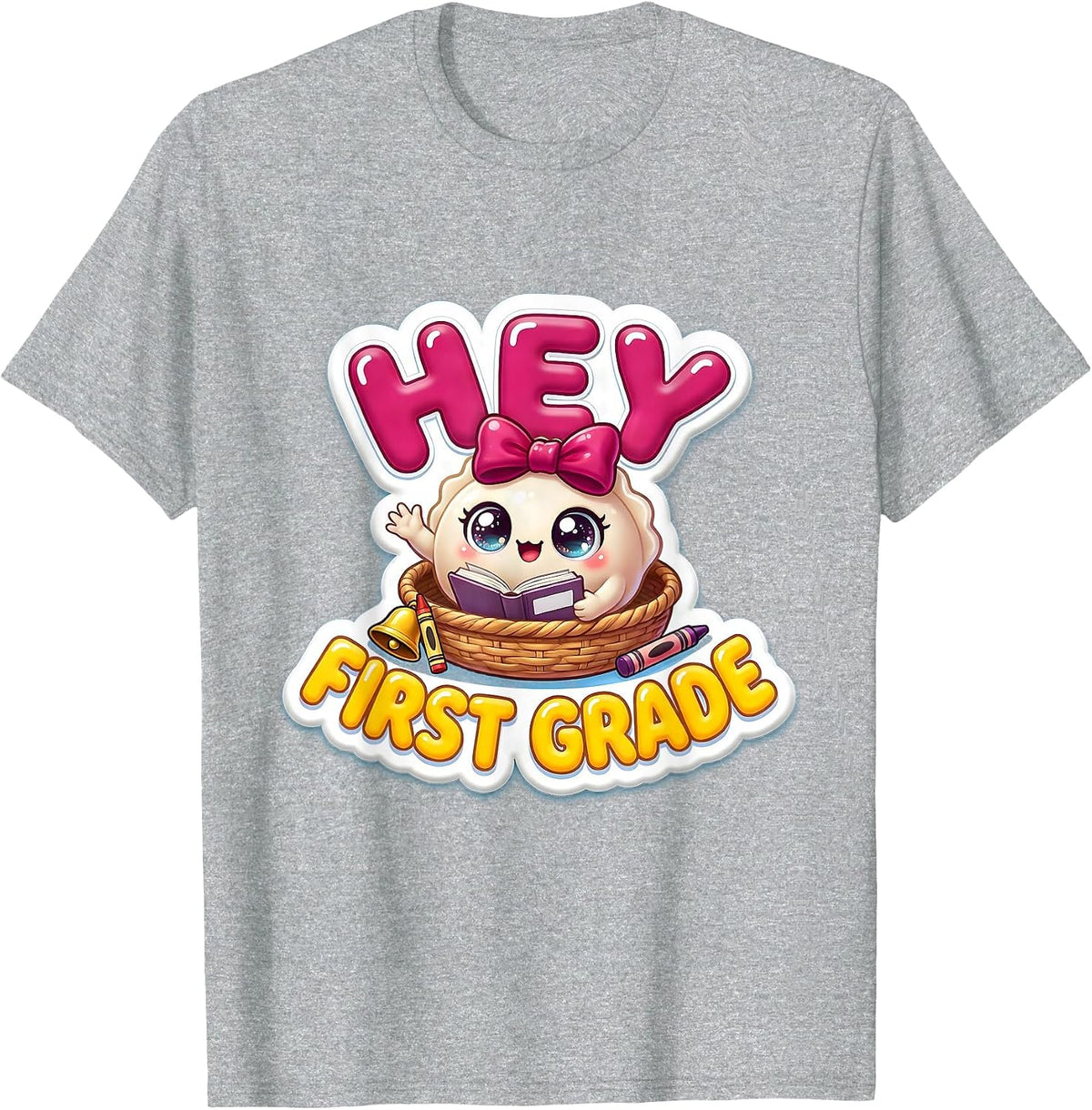 Men's Hey First Grade Cute Dumpling Back to School Girl Teacher T-Shirt - Heather Grey