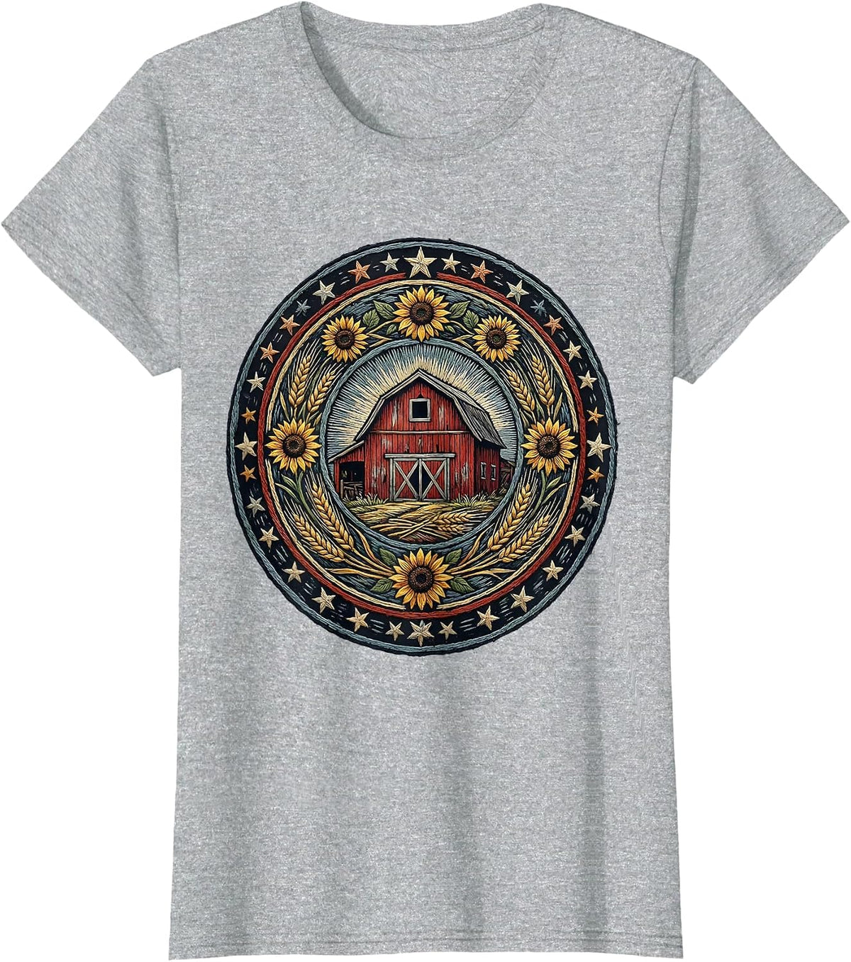 Women's Red Barn Blue Sky Stars Patriotic Country Design T-Shirt - Heather Grey