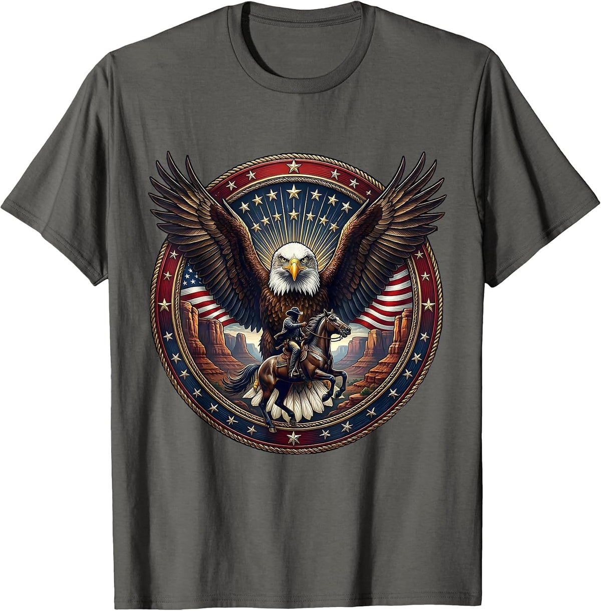 Cowboy Riding Through Canyon Dust Western Art T-Shirt - Asphalt Grey