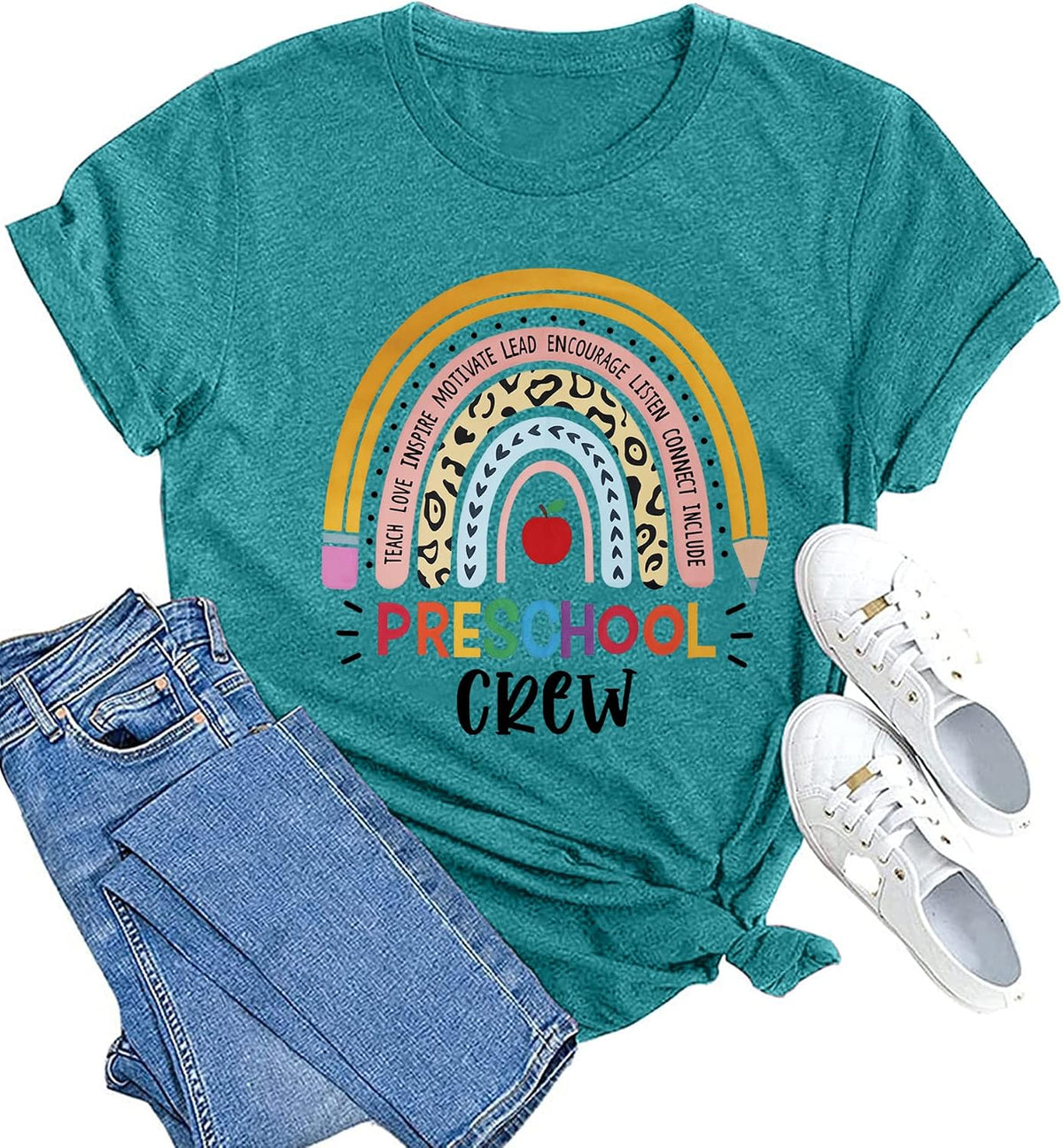 Womens Preschool Teacher Shirts Preschool Crew Rainbow Tshirt Teacher Life Short Sleeve - Cyan