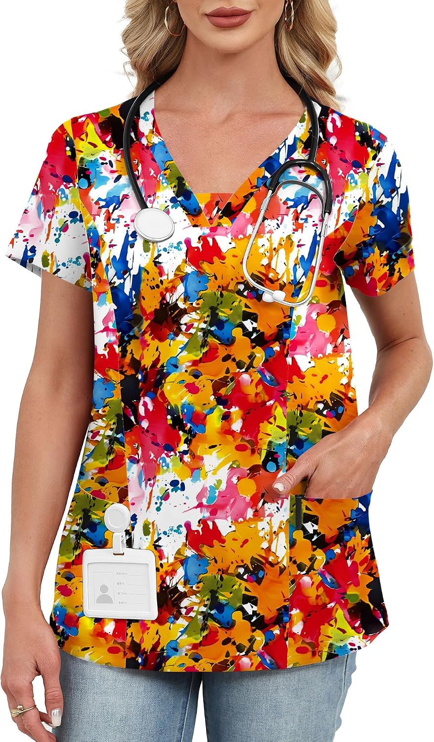 AKEWEI Scrubs for Women V Neck Scrub Tops Stretchy Nursing Uniforms Holiday Medical Shirts with 2 Pockets - Colorful Inkjet