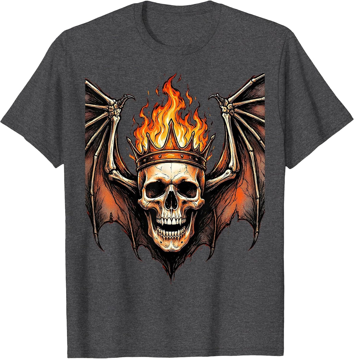 Flaming Skull Bat Wings Dark Gothic Design T-Shirt - Dark Heather Grey