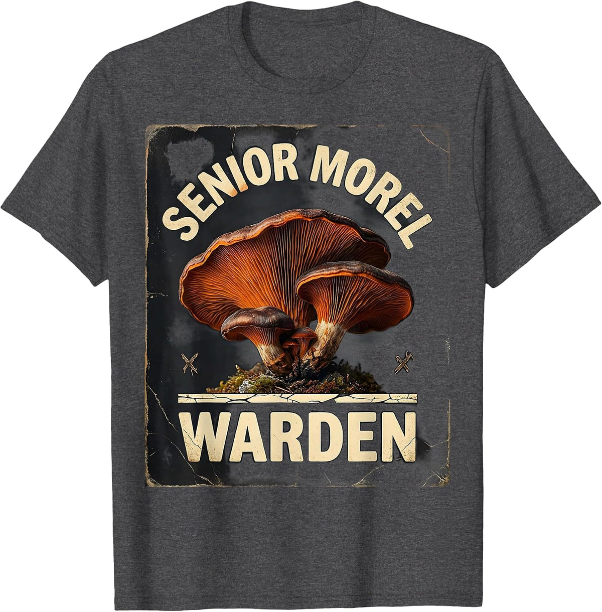 Men's Senior Morel Warden Distressed Mushroom Forager Mycology T-Shirt - Dark Heather Grey