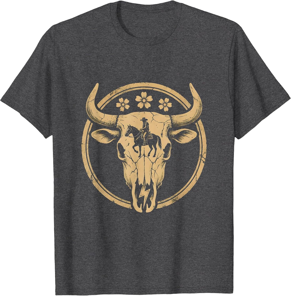 Cowboy Silhouette Riding Into Lightning Storm T-Shirt - Dark Heather Grey