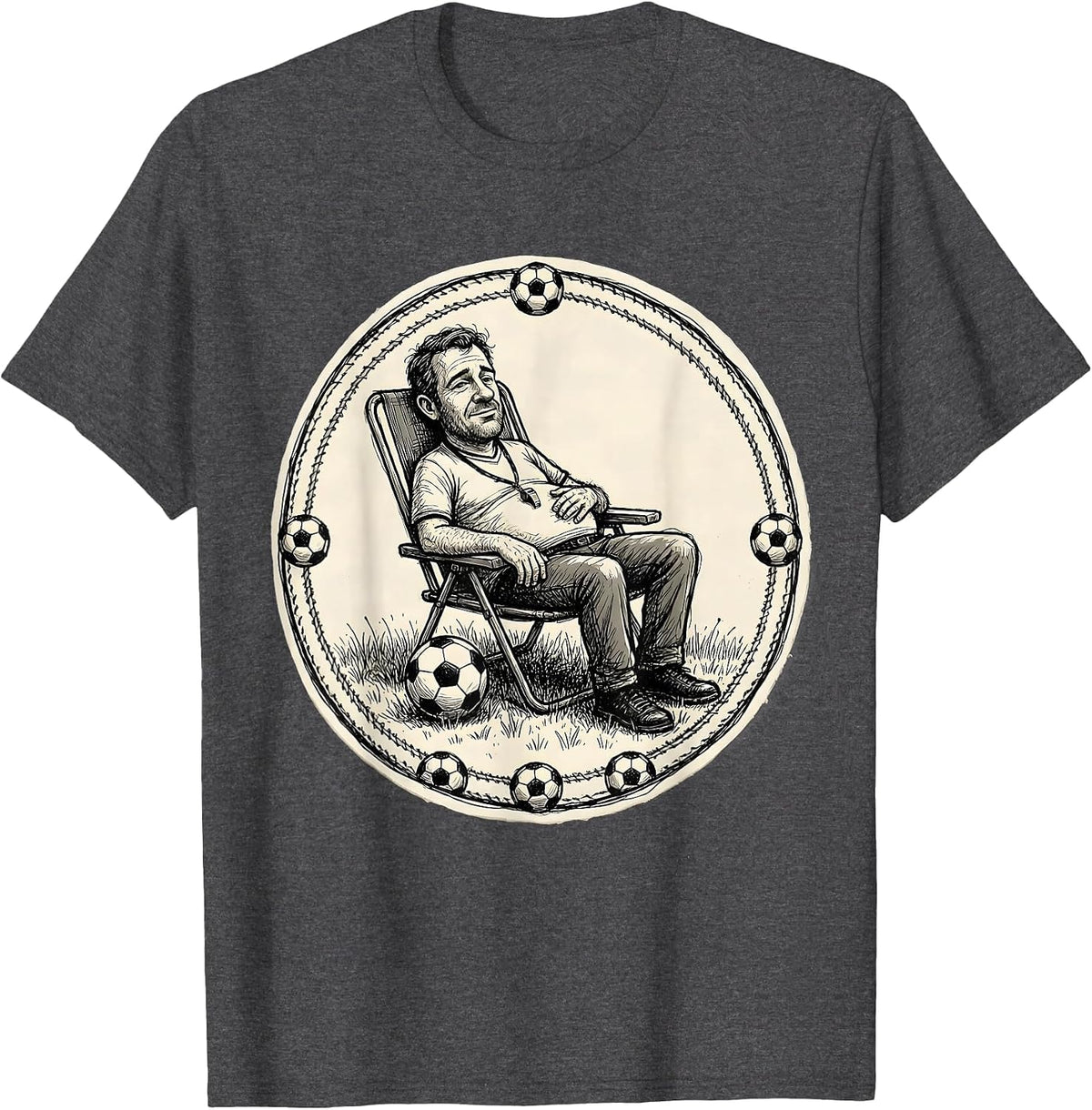 Men's Soccer Dad Lawn Chair Referee Whistle Graphic T-Shirt - Dark Heather Grey