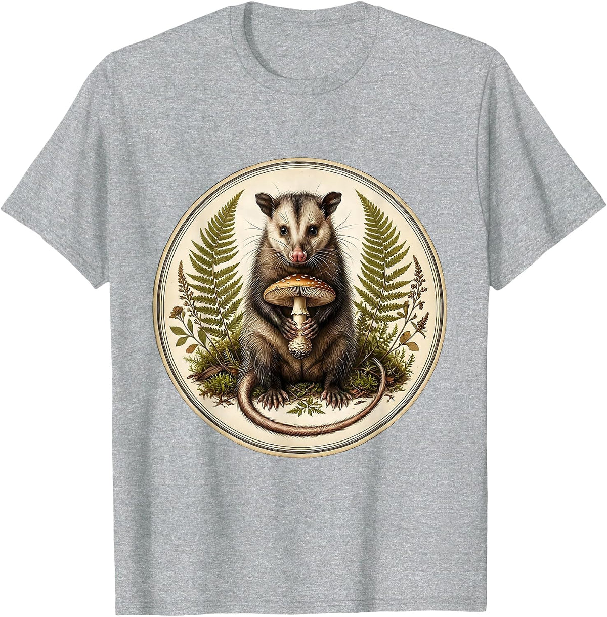 Men's Opossum Holding Mushroom Moonlit Forest Art T-Shirt - Heather Grey
