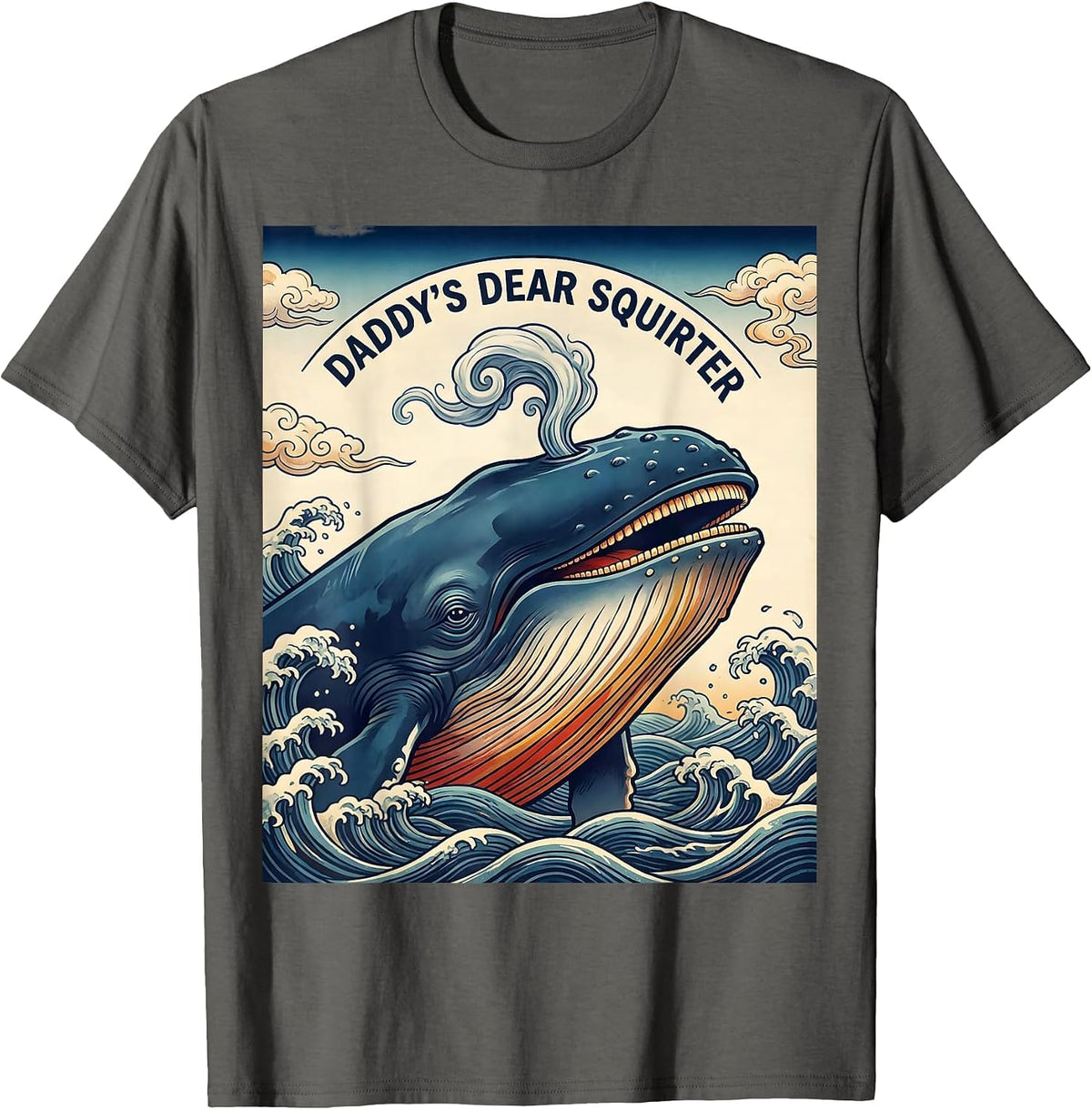 Daddy's Dear Squirter Funny Ukiyo-e Whale Gag Gift Novelty T-Shirt - Asphalt Grey