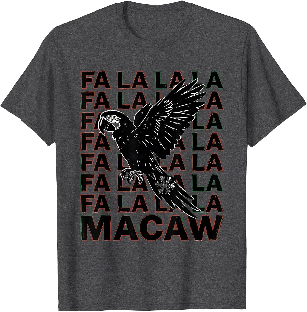 Fa La La La Macaw Linocut Funny Christmas Bird Lover Humor T-Shirt - Dark Heather Grey