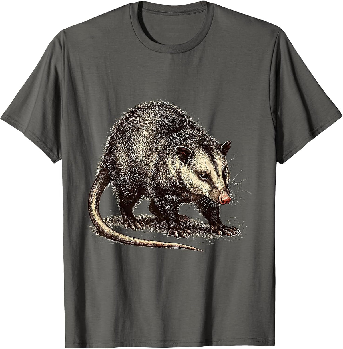 Men's Stubborn Opossum Crosshatch Etching Animal Meme Humor T-Shirt - Asphalt Grey
