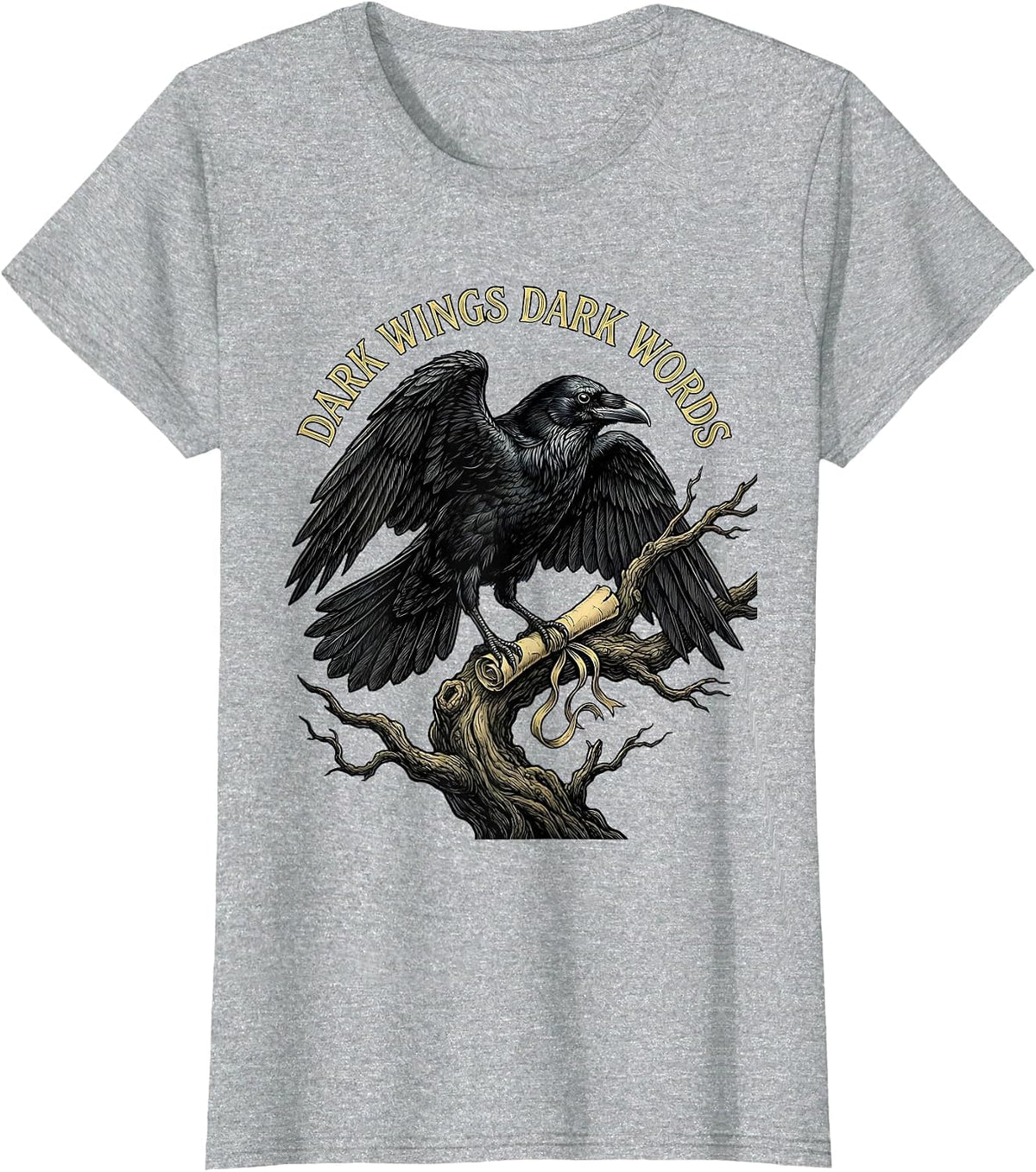 Dark Wings Dark Words Gothic Fantasy Design T-Shirt - Heather Grey