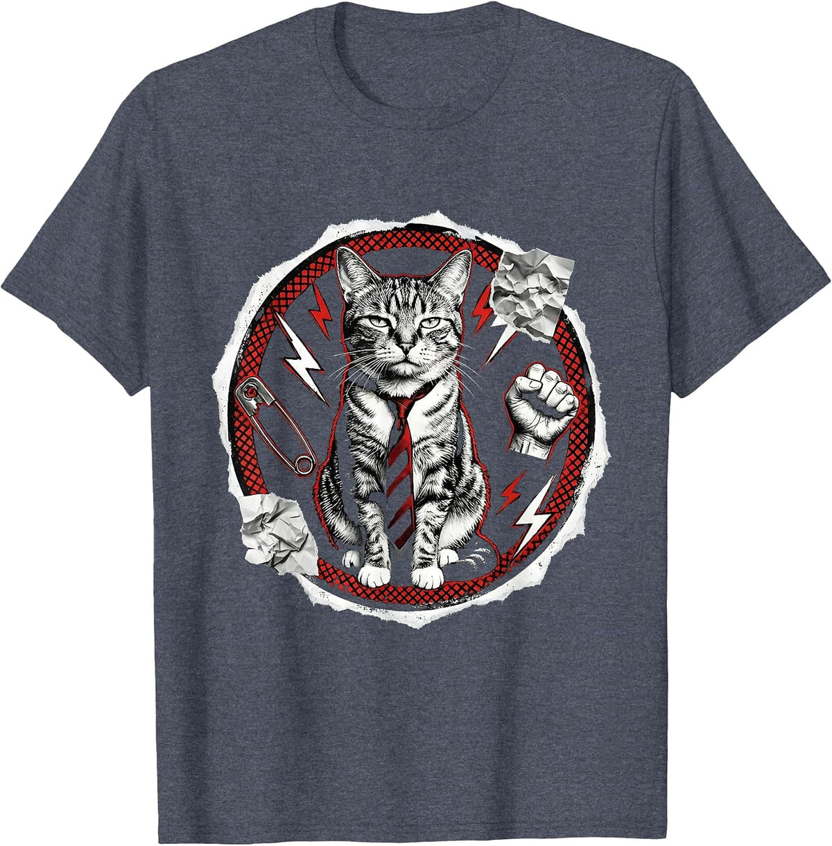 Stoic Cat in Business Tie Ignoring Chaos T-Shirt - Heather Blue