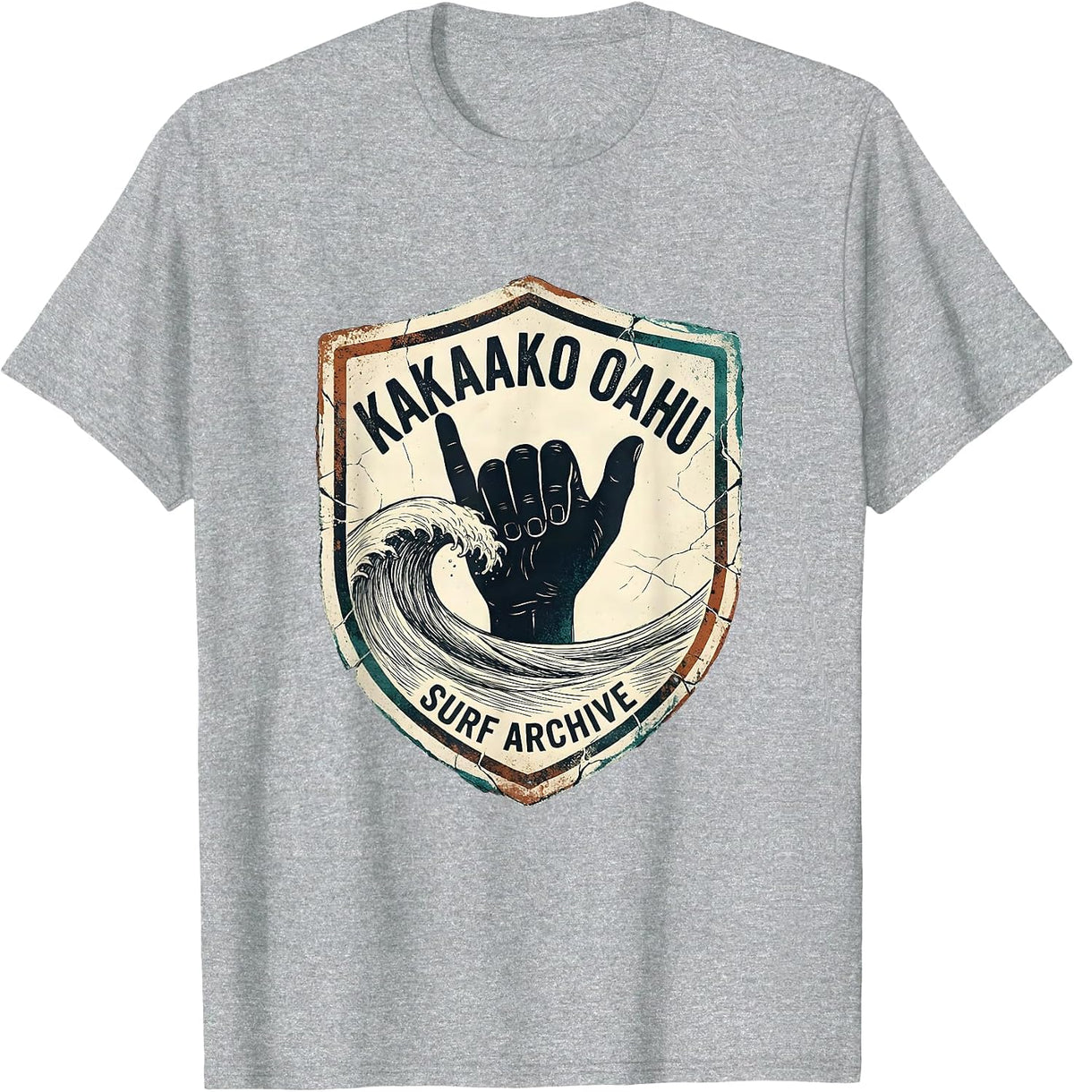 Men's Kakaako Oahu Surf Archive Distressed Vintage Surf Shaka Hand T-Shirt - Heather Grey