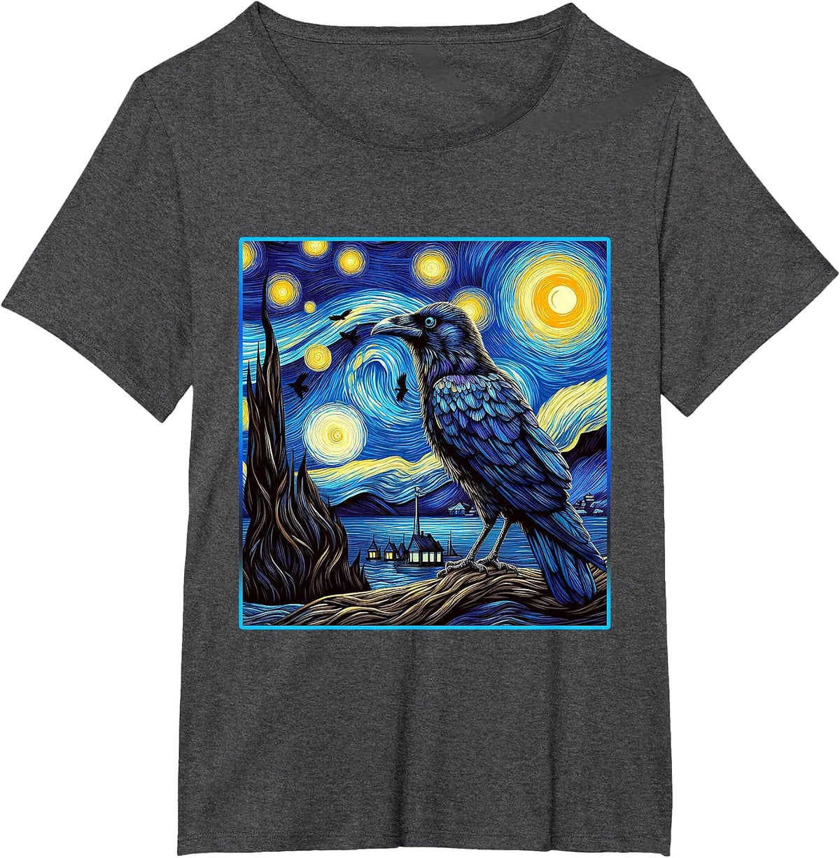 Raven Starry Night Shirt Van Gogh Painting Black Crow Lover T-Shirt - Dark Heather Grey