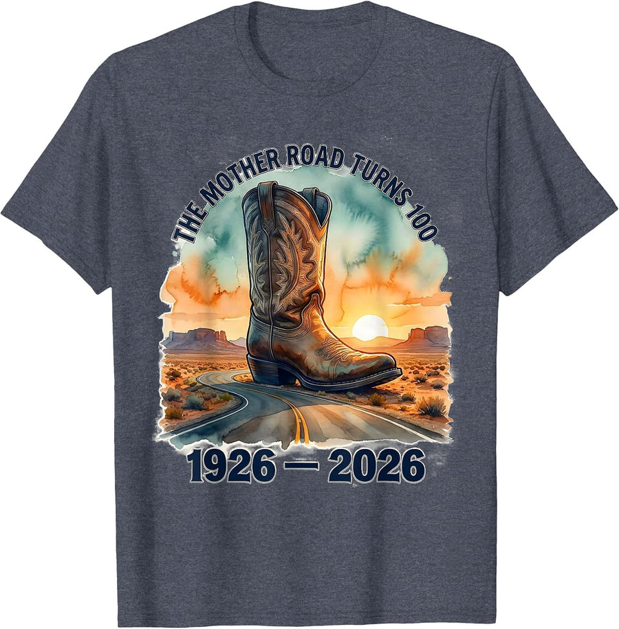 The Mother Road Turns 100 — 1926-2026 Vintage Highway 66 T-Shirt - Heather Blue