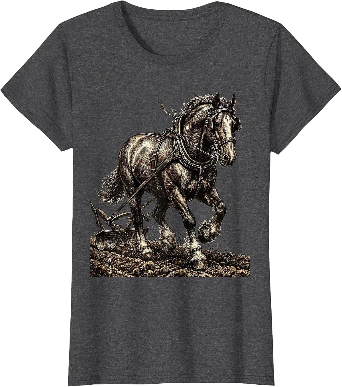 Women's Draft Horse Plowing Field Graphic Tee T-Shirt - Dark Heather Grey