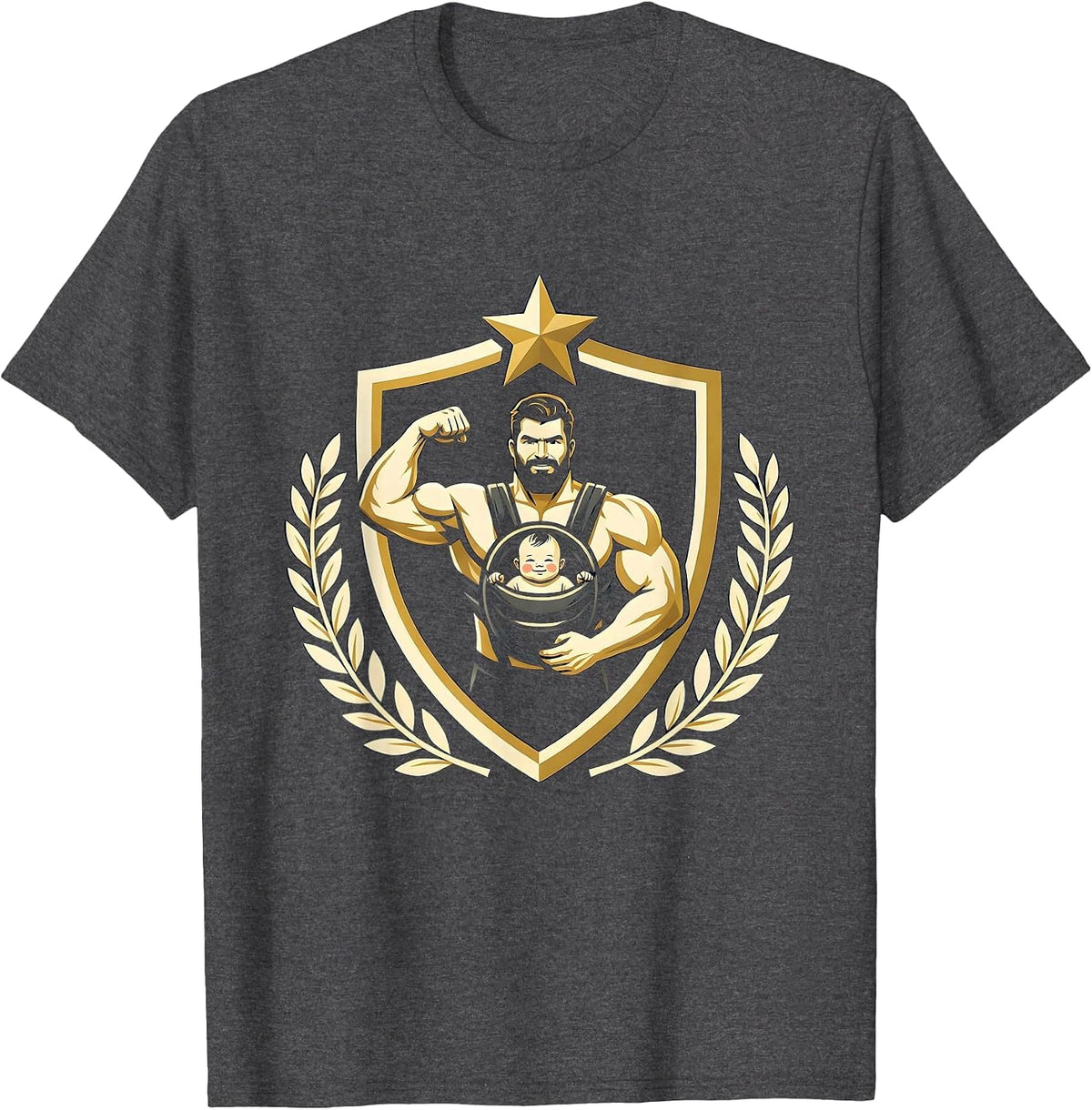 Dad Baby Carrier Bicep Curl Funny Workout Graphic T-Shirt - Dark Heather Grey
