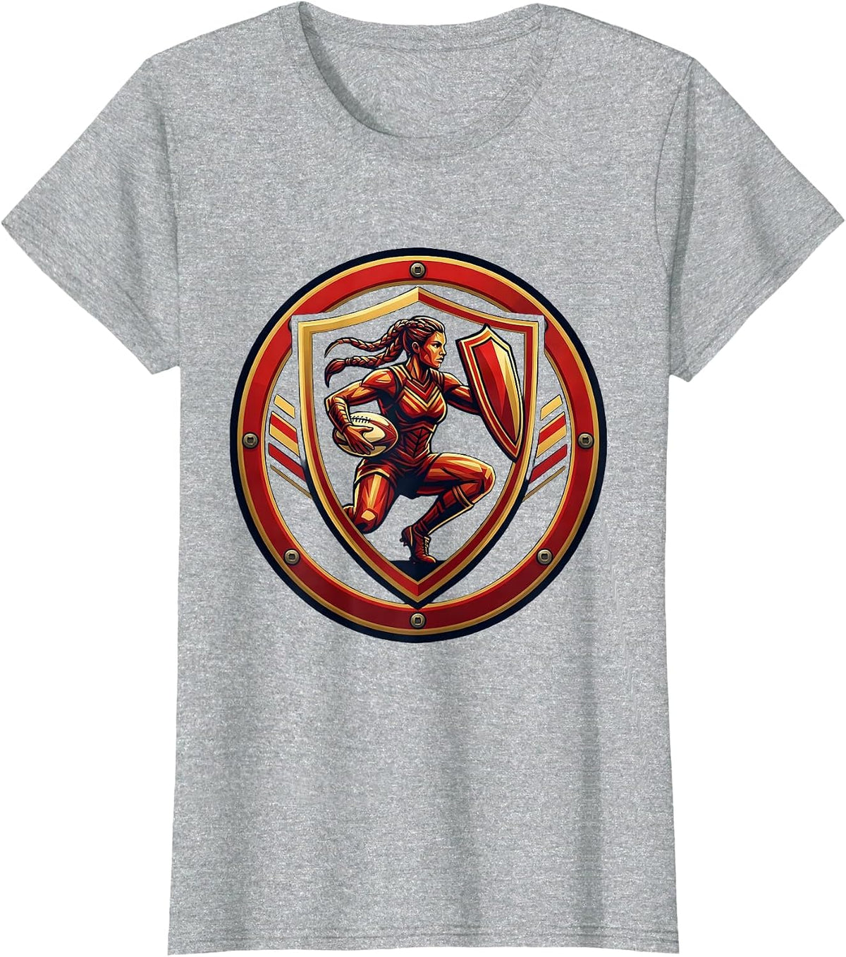 Women's Woman Warrior Rugby Ball and Shield Illustration T-Shirt - Heather Grey