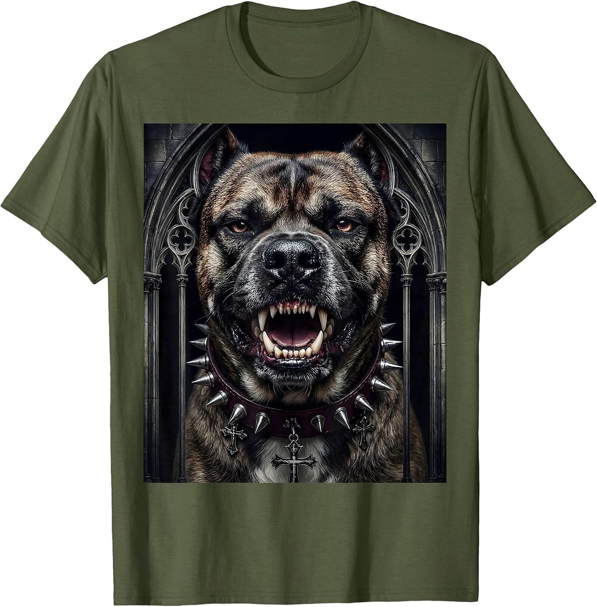 Snarling Punk Dog Studded Collar Graphic T-Shirt - Olive Green