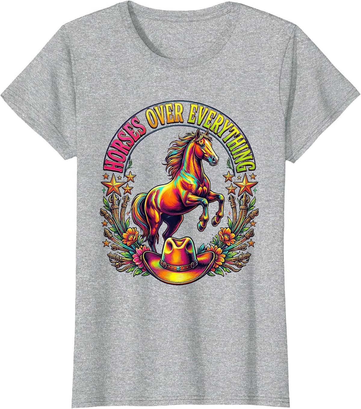 Horses Over Everything Cowgirl Design T-Shirt - Heather Grey