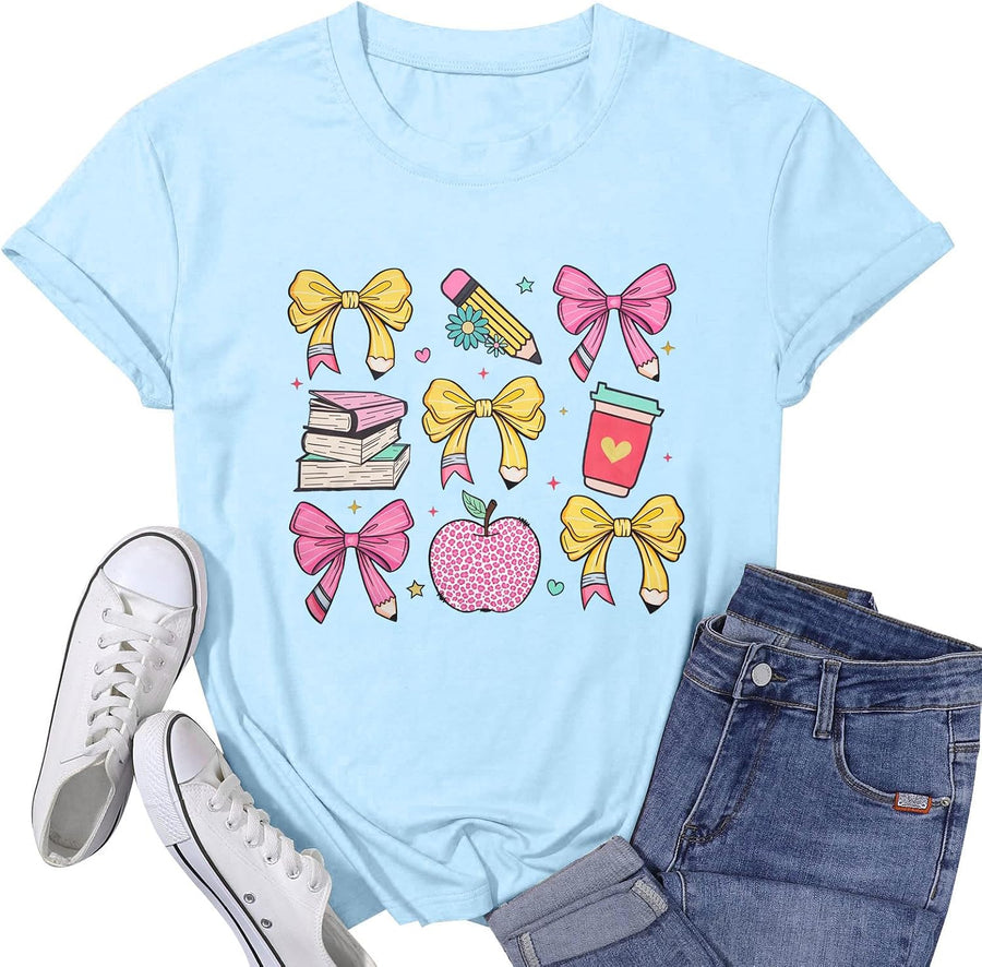 Teacher Shirts Womens Bow Teacher Graphic Tees Cute Teacher Appreciation Gifts Shirt Summer Casual Short Sleeve Tops - Light