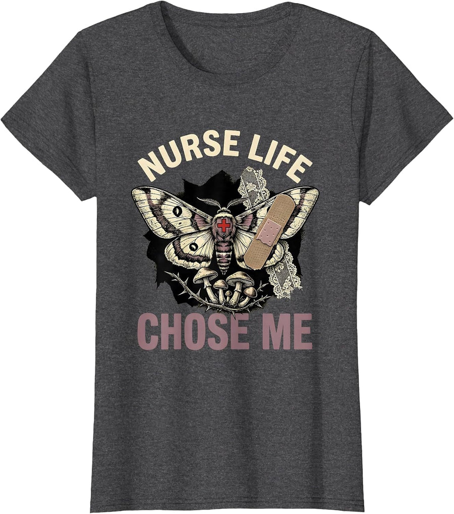 Women's Nurse Life Chose Me School Nurse Design T-Shirt - Dark Heather Grey