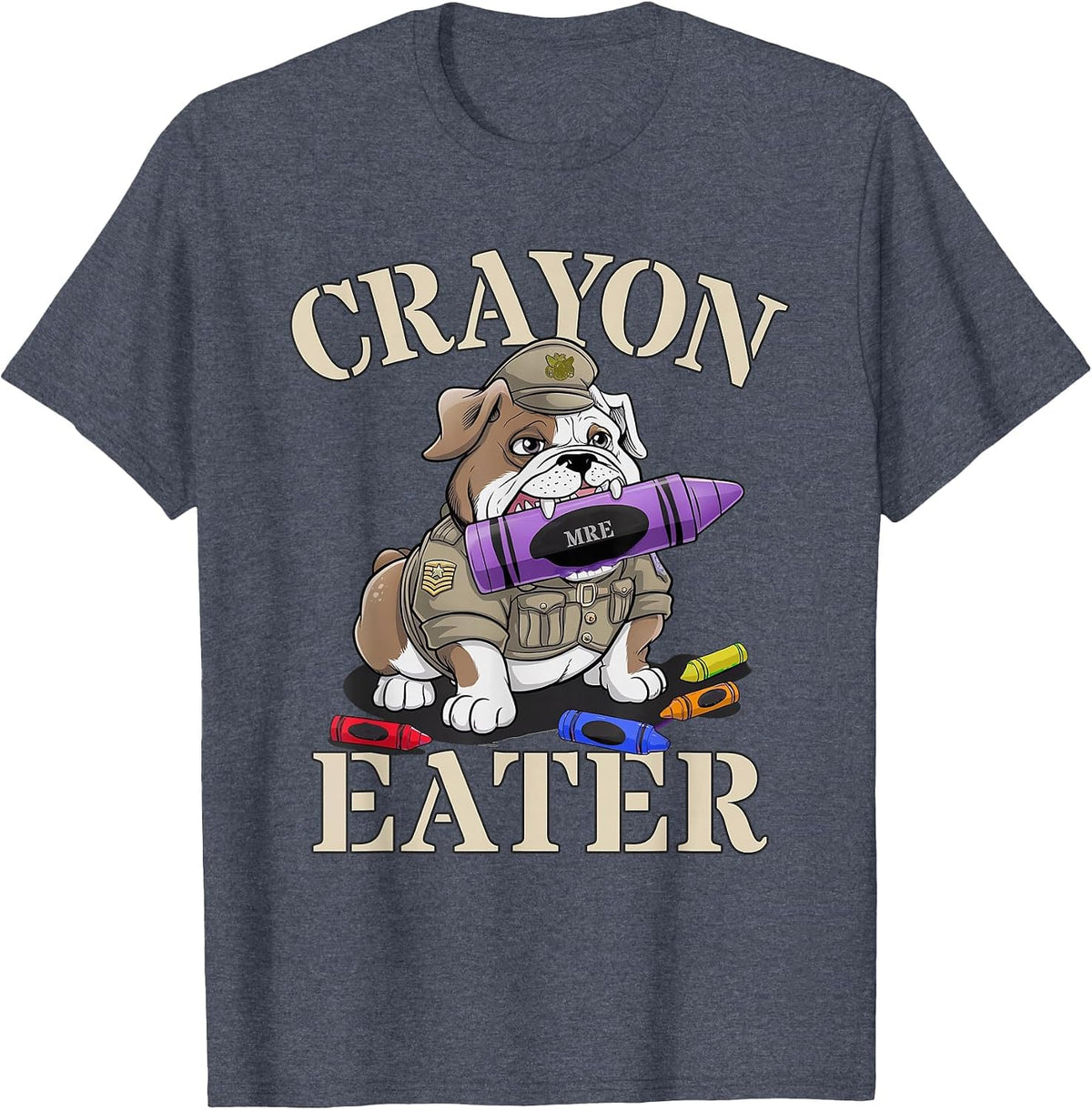 Kawaii Crayon Eater Bulldog Soldier School Boot Camp Humor T-Shirt - Heather Blue