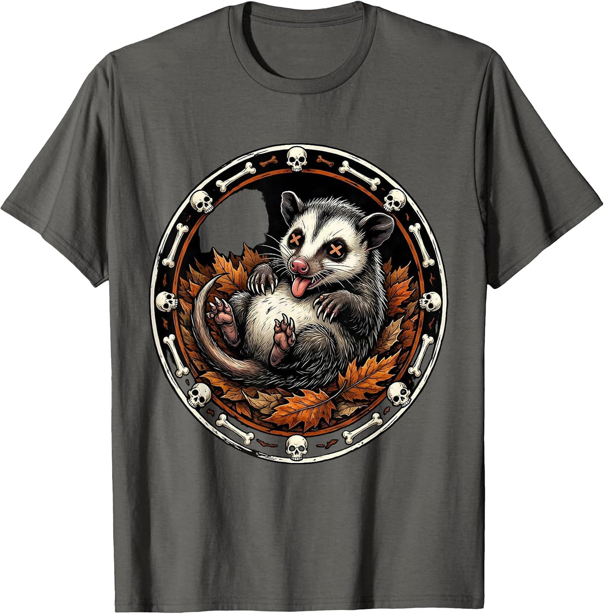 Opossum Playing Dead Among Fallen Leaves T-Shirt - Asphalt Grey