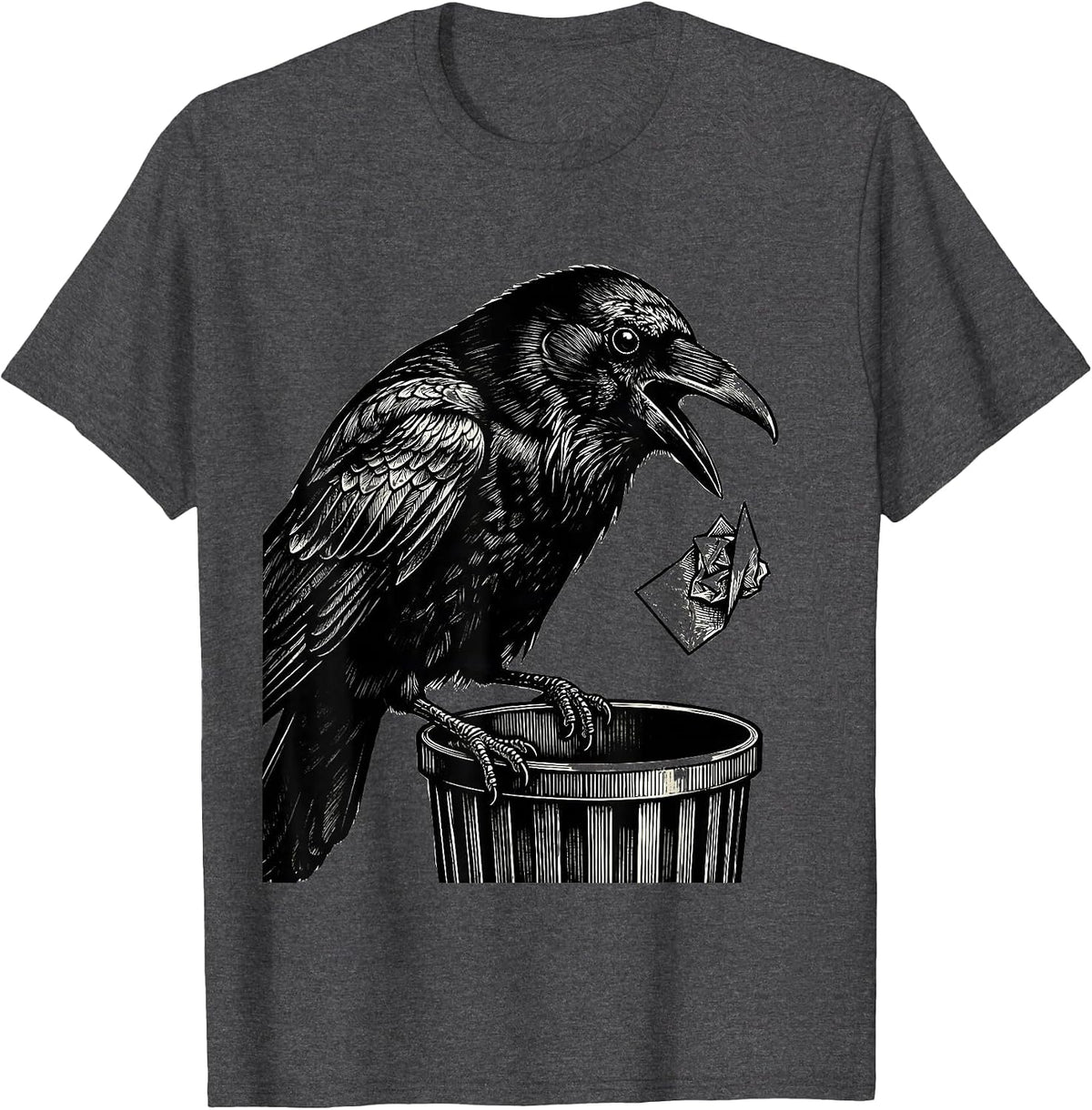 Men's Crow Dropping Pun Scratchboard Gothic Dark Humor T-Shirt - Dark Heather Grey