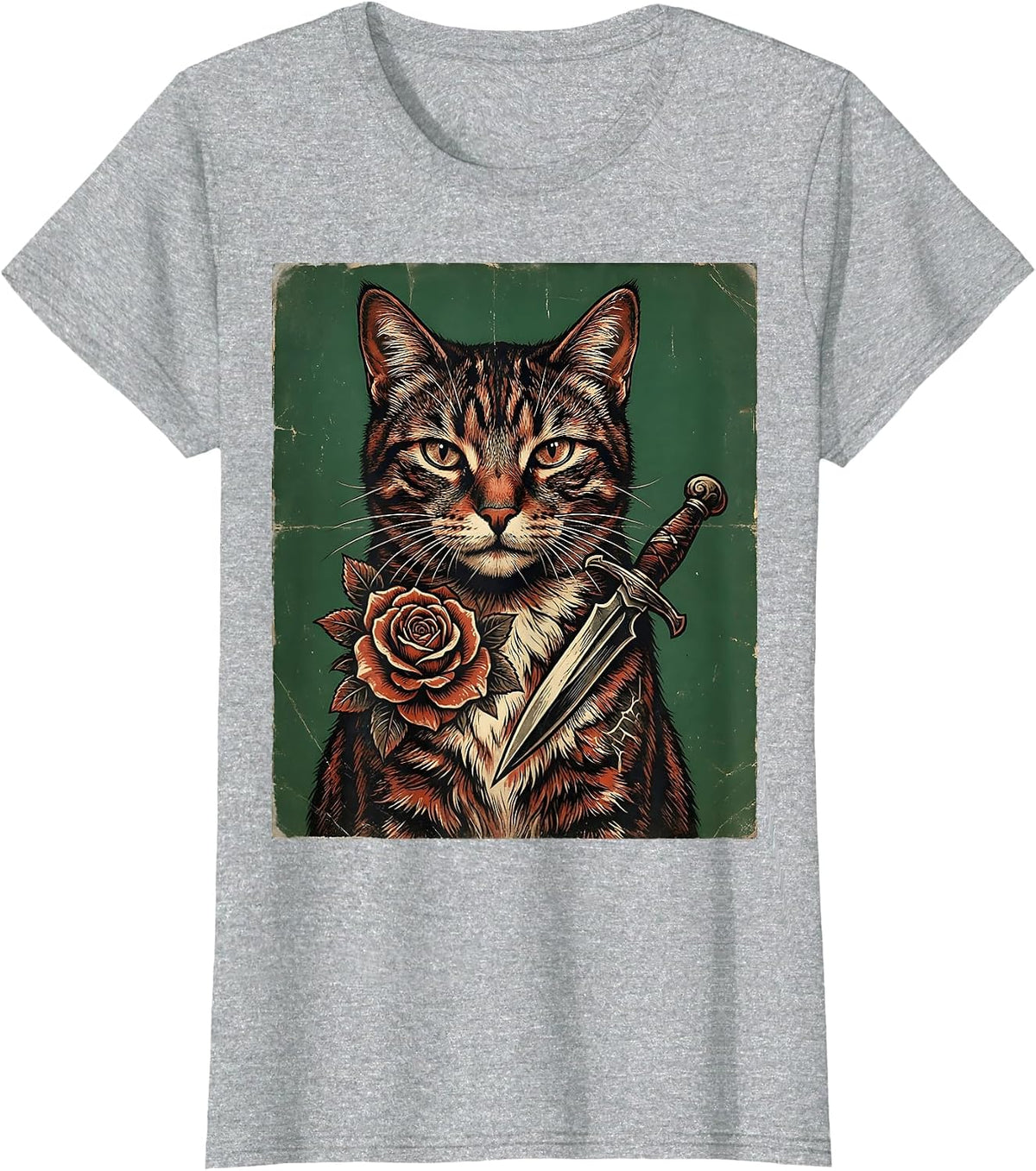 Tattooed Cat with Rose and Dagger Graphic T-Shirt - Heather Grey