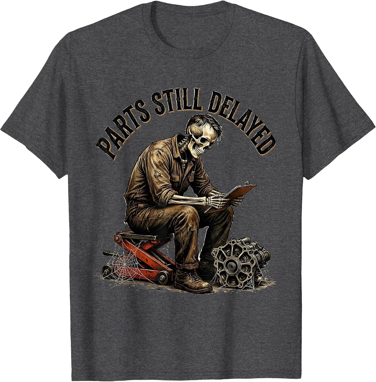Men's PARTS STILL DELAYED Vintage Mechanic Skeleton Auto Repair T-Shirt - Dark Heather Grey