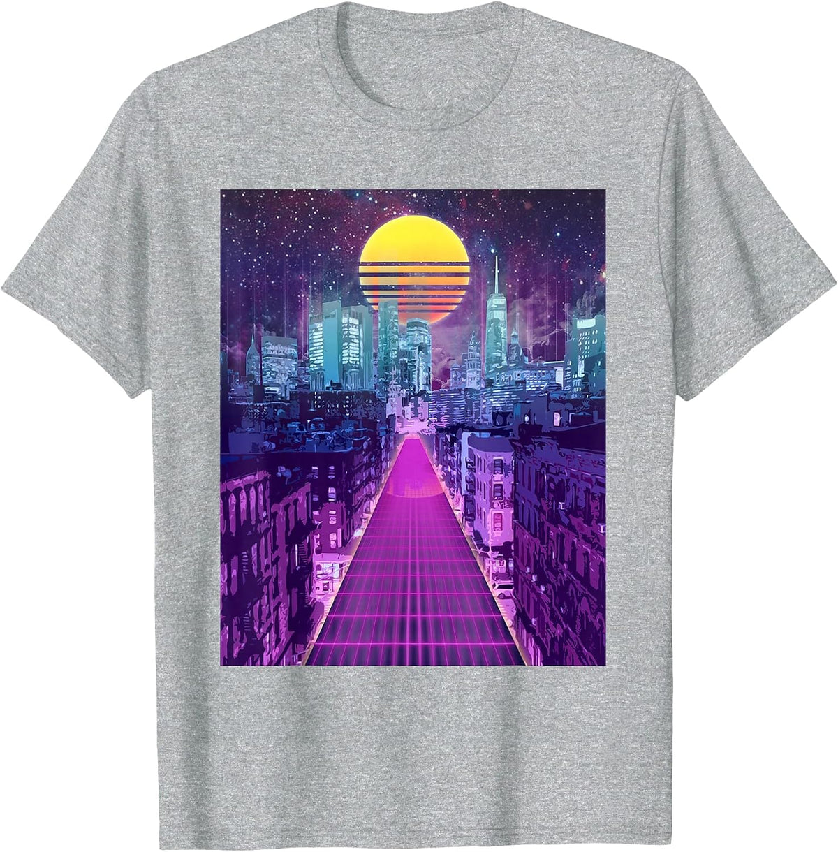 Digital Cityscape Retro Vaporwave Aesthetic Skyline Art T-Shirt - Heather Grey