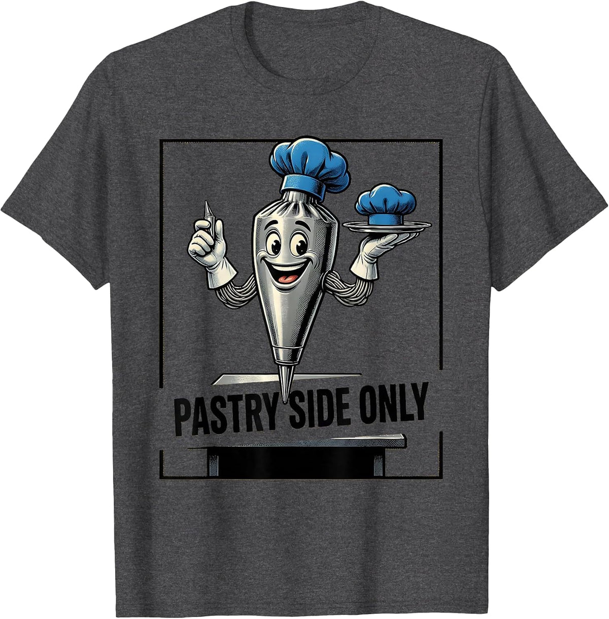 Pastry Side Only Retro Cartoon Chef Kitchen Staff Humor T-Shirt - Dark Heather Grey