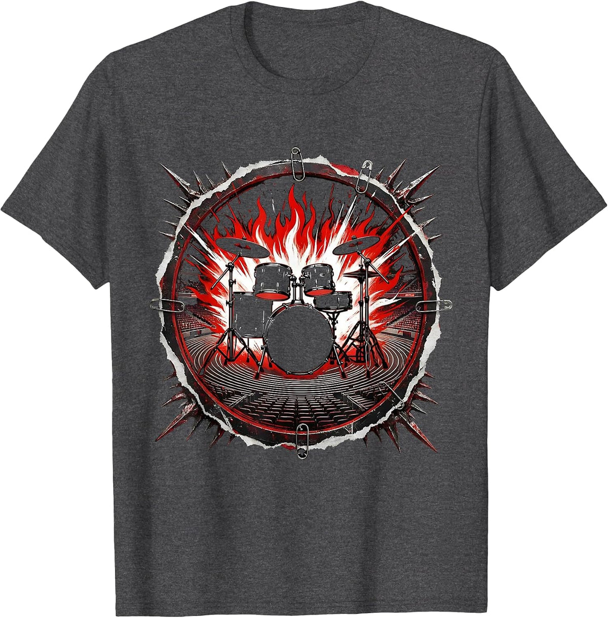 Flaming Drum Kit Empty Arena Rock Band Graphic T-Shirt - Dark Heather Grey