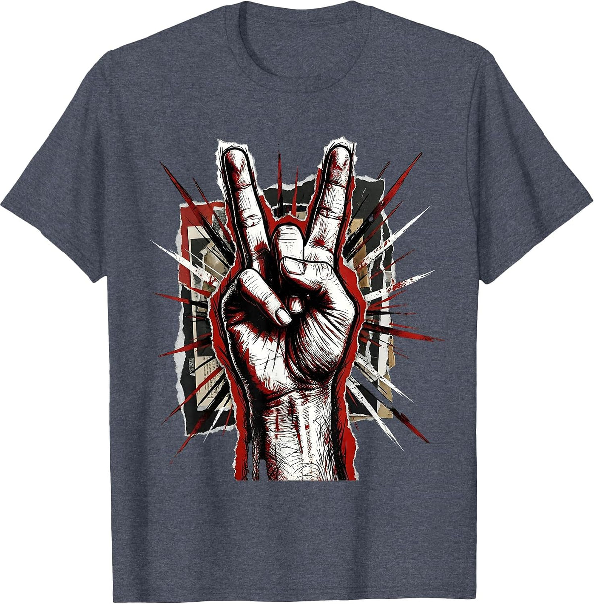 Rock On Devil Horns Hand Sign Graphic T-Shirt - Heather Blue