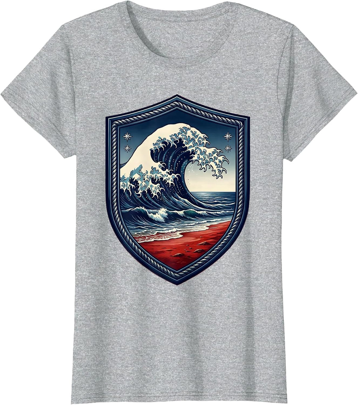 Red White and Blue Wave Crashing on Sandy Shore T-Shirt - Heather Grey