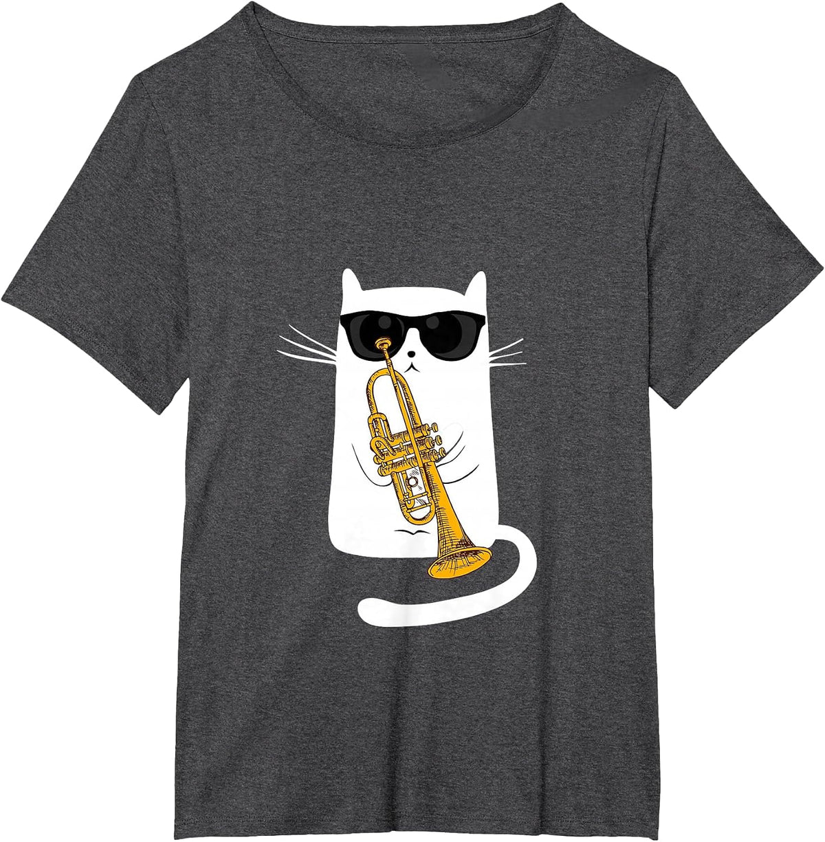 Jazz Cat Playing Trumpet - Hippy Hipster Kitty T-Shirt - Dark Heather Grey