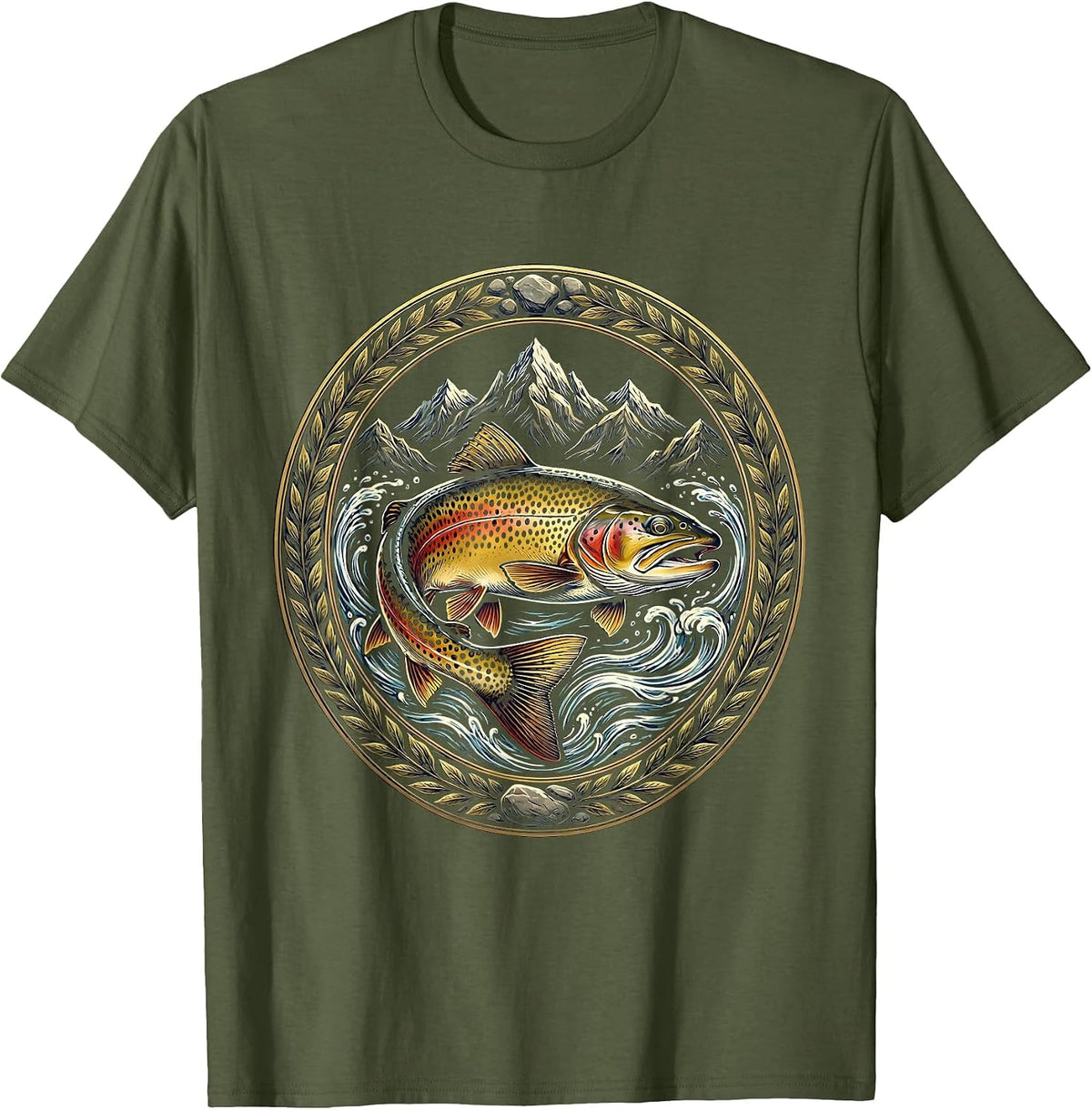 Trout in Mountain Stream Fishing Graphic T-Shirt - Olive Green