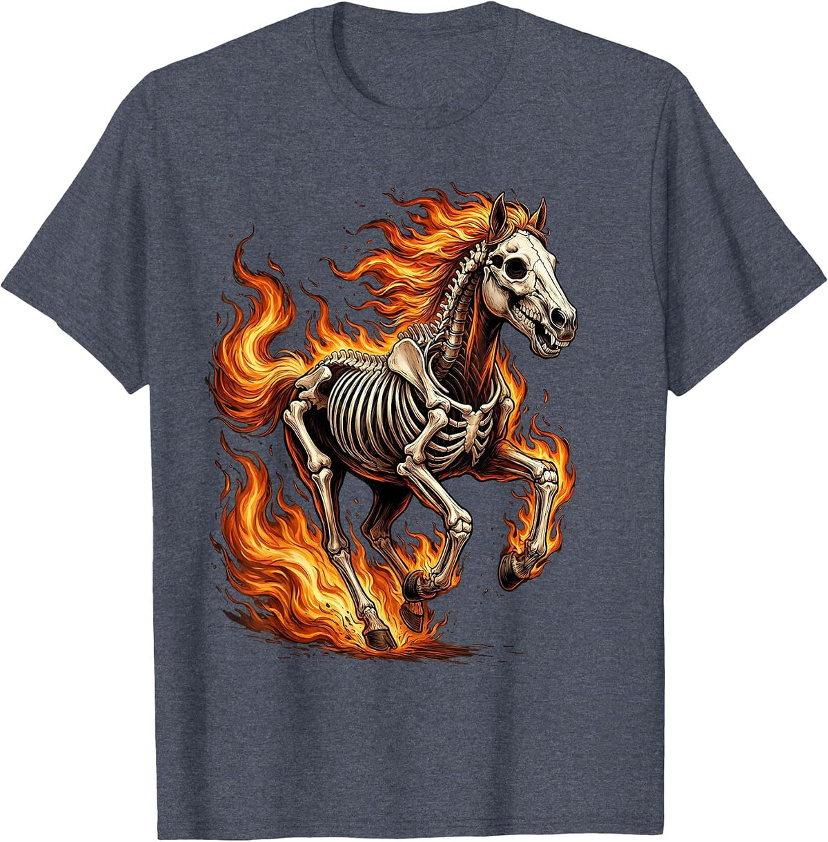 Skeleton Horse Galloping Through Flames T-Shirt - Heather Blue