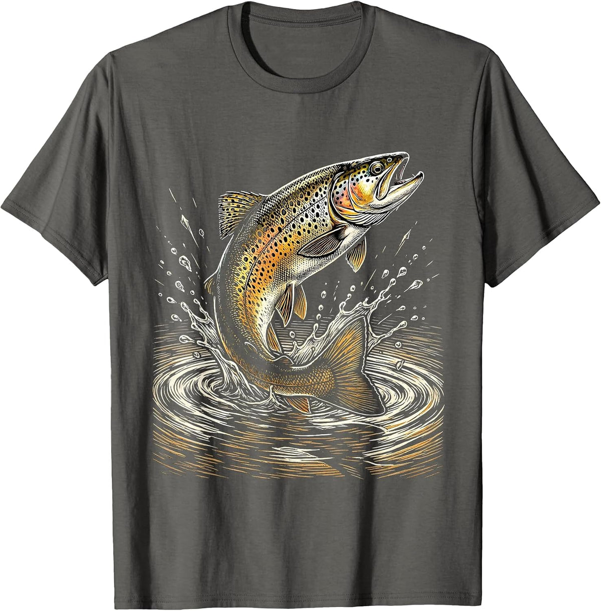 Trout Breaking Surface Golden Sunlight Fishing T-Shirt - Asphalt Grey