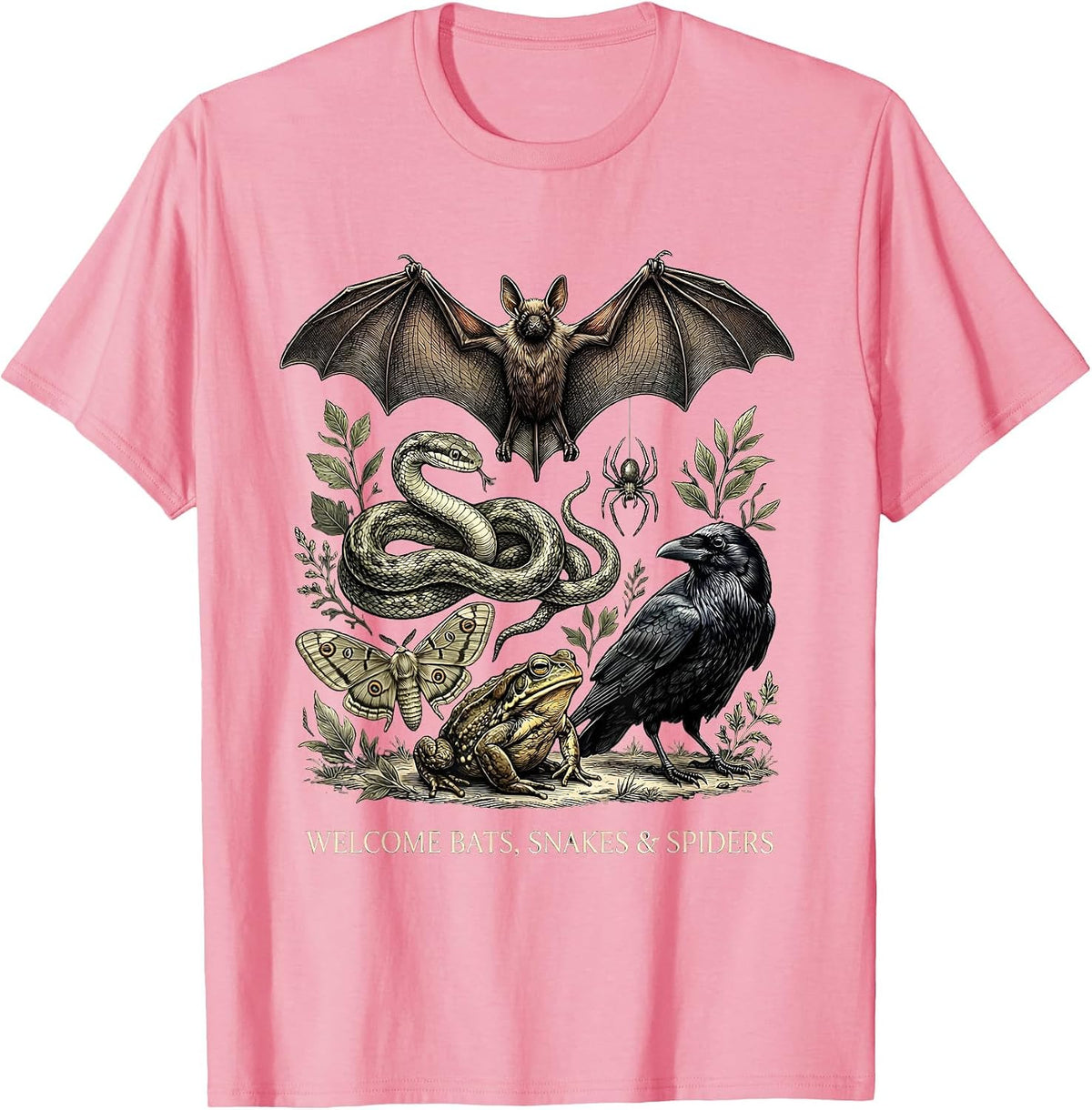 Men's Welcome Bats, Snakes & Spiders Gothic Nature Lover Animal T-Shirt - Pink