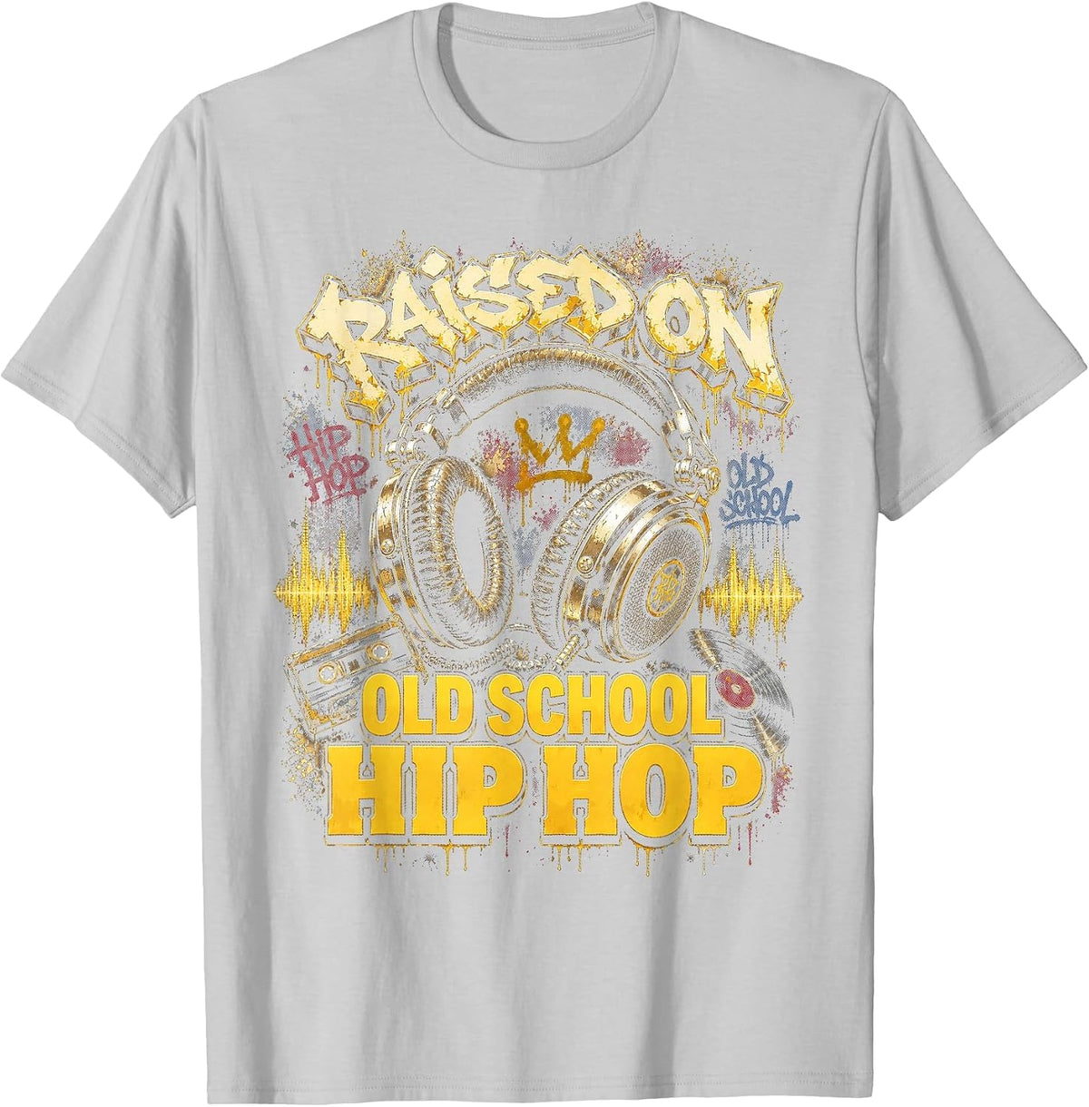 Raised On Old School Hip Hop Cassette Graffiti Rap T-Shirt, Men, Silver Grey, Large - As Pictured