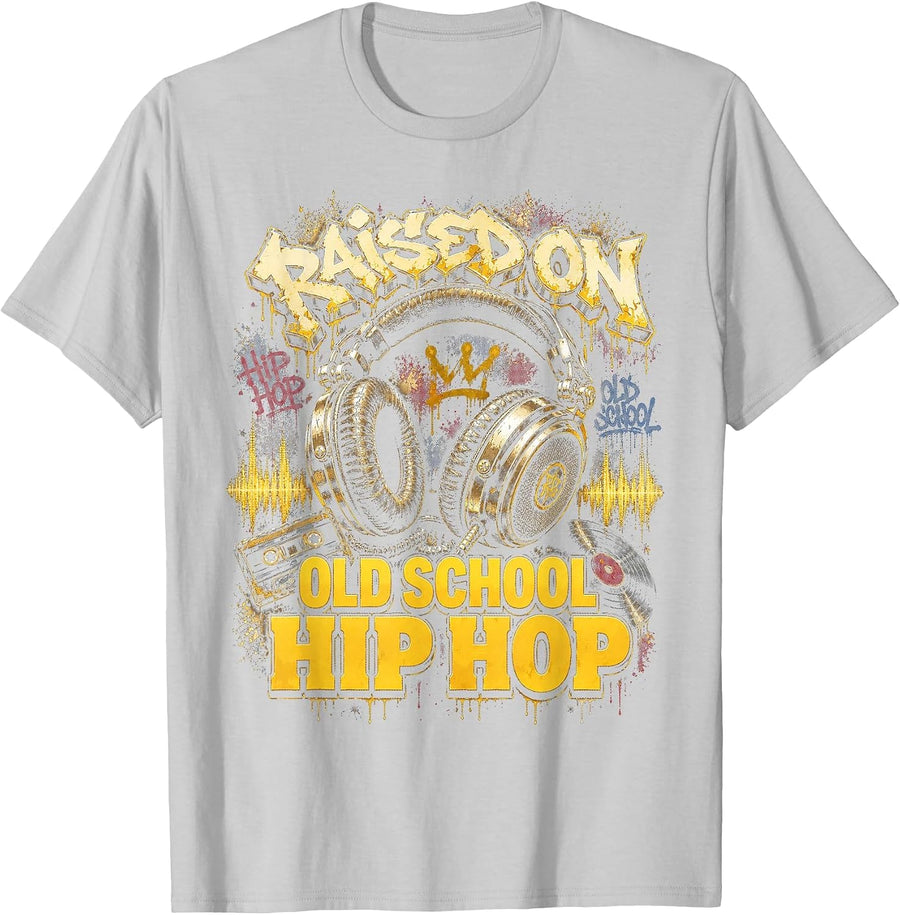 Raised On Old School Hip Hop Cassette Graffiti Rap T-Shirt, Men, Silver Grey, Large - As Pictured