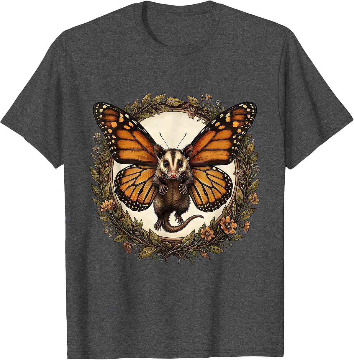 Opossum with Butterfly Wings in Flight T-Shirt - Dark Heather Grey