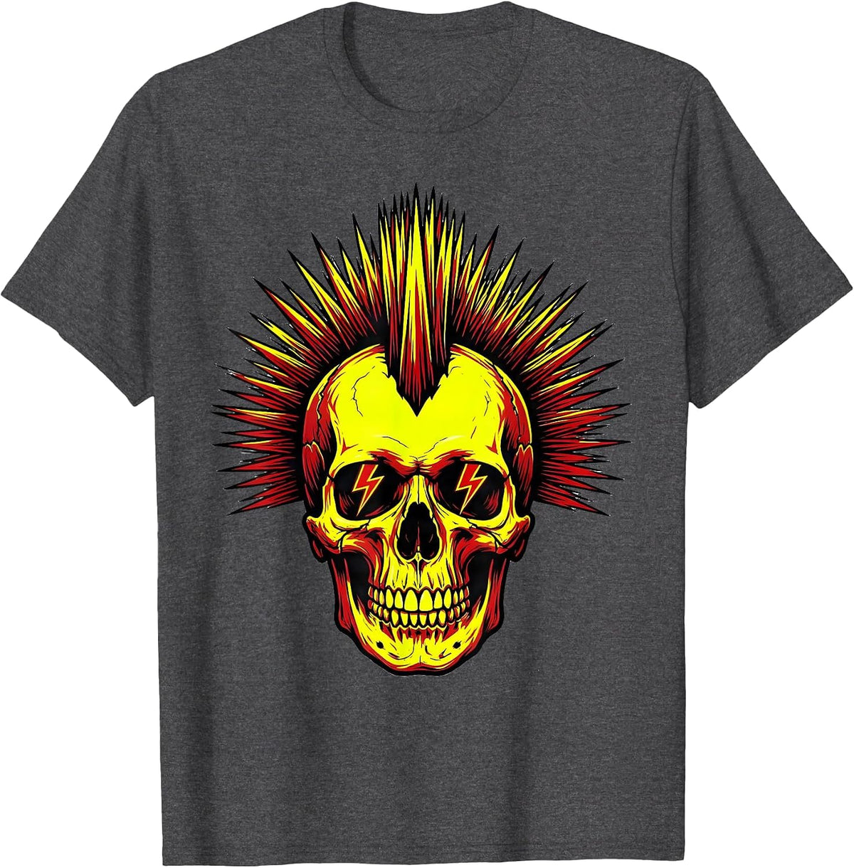 Punk Rock Mohawk Skull Lightning Bolt Eyes T-Shirt - Dark Heather Grey