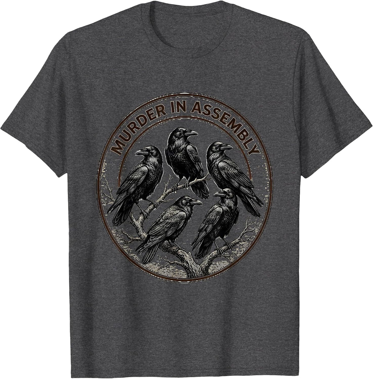 Men's Murder In Assembly Crosshatch Etching Crow Lover Bird Humor T-Shirt - Dark Heather Grey