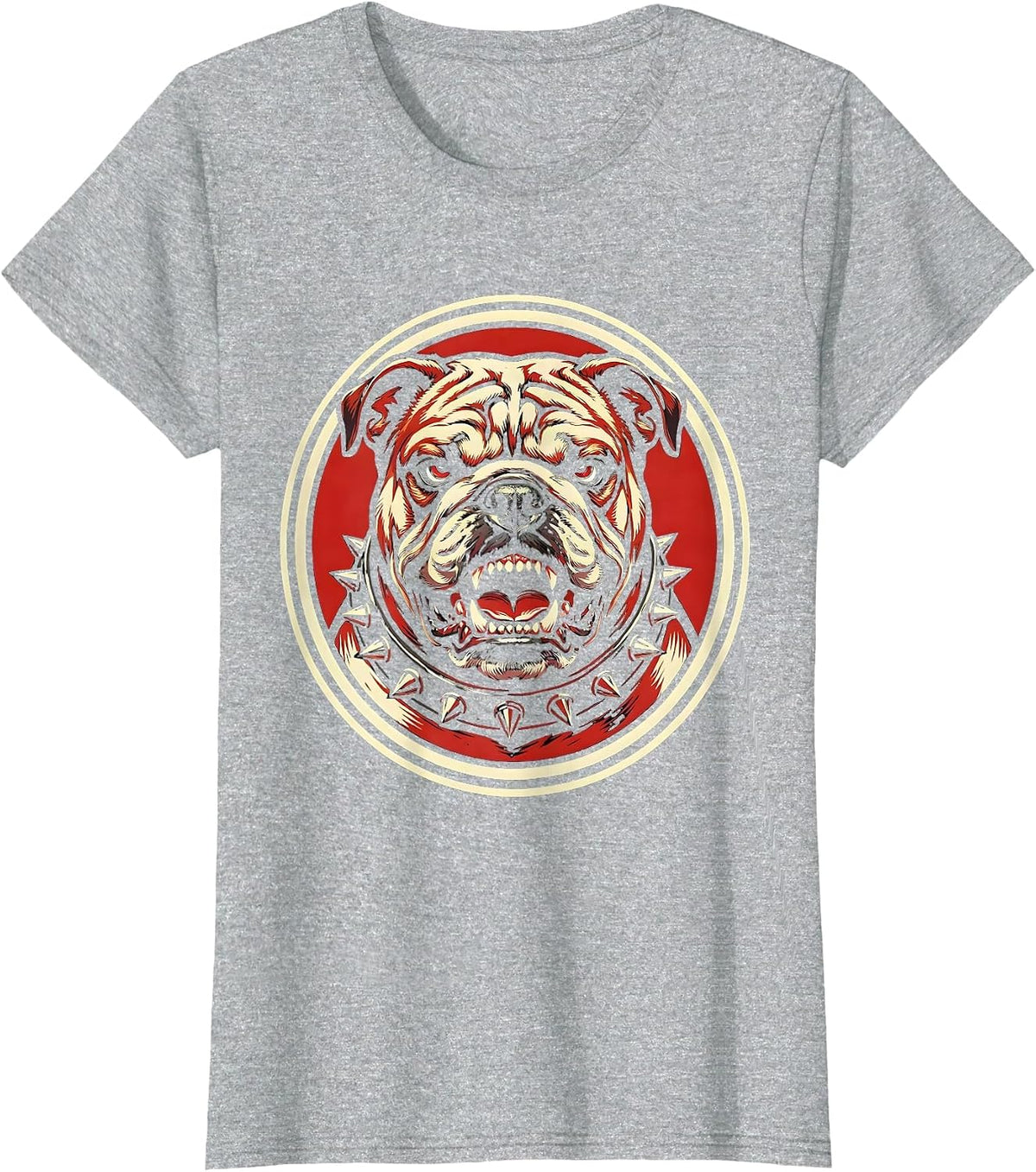 Punk Rock Snarling Bulldog Studded Collar Design T-Shirt - Heather Grey