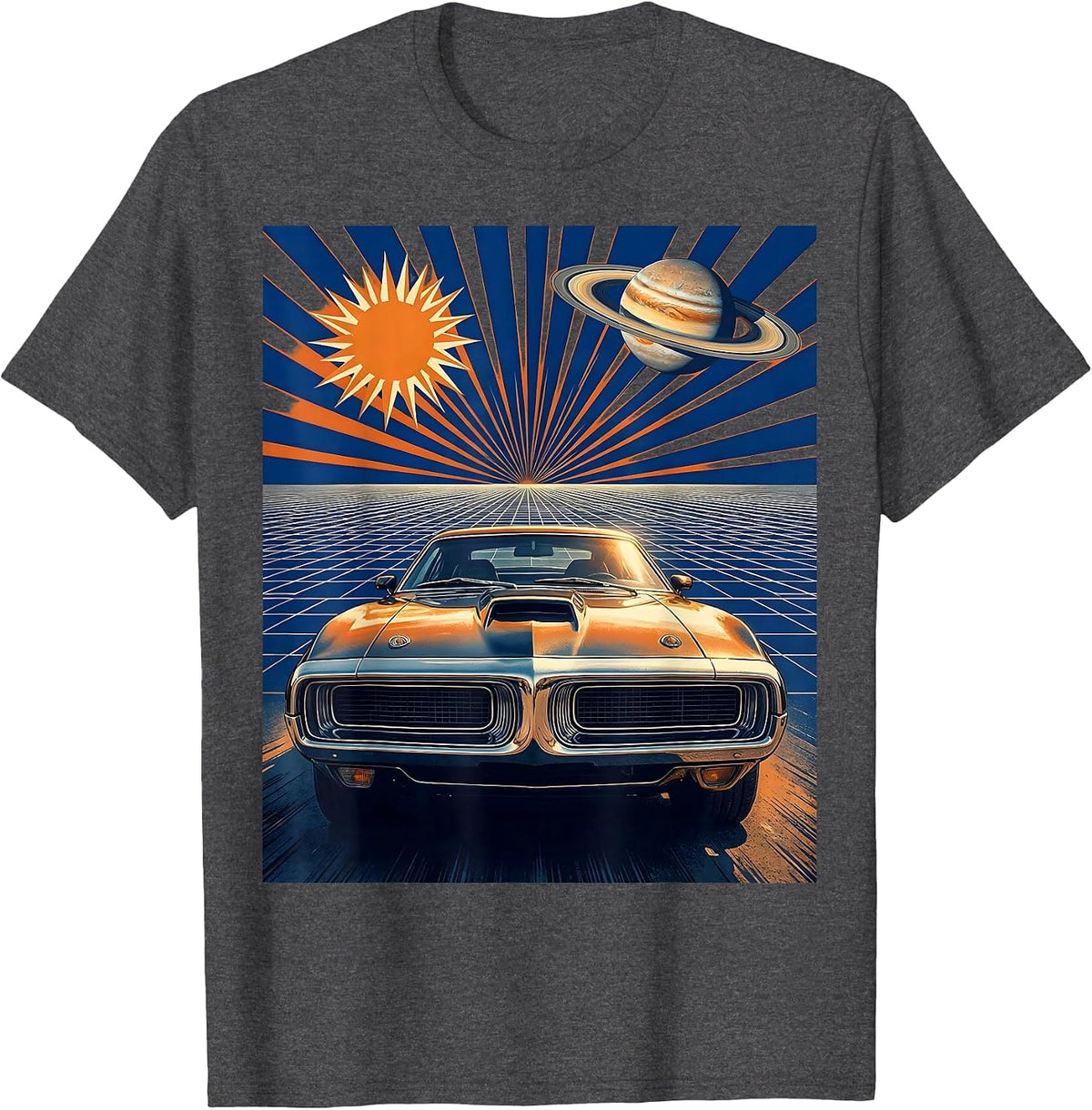 Men's 80s Neon Grid Muscle Car Retro Graphic T-Shirt - Dark Heather Grey