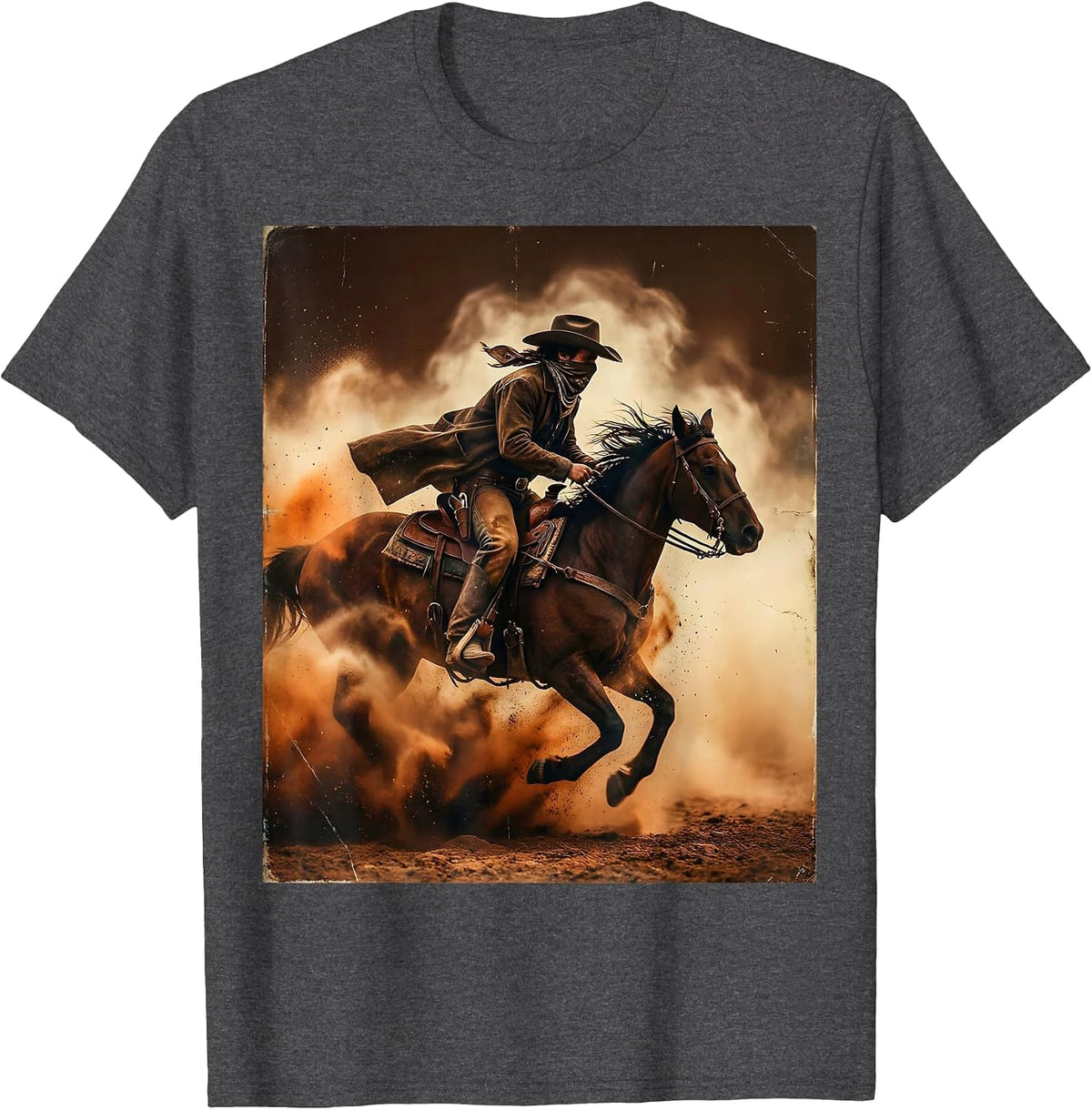 Bandana Cowboy Riding Through a Dust Storm T-Shirt - Dark Heather Grey